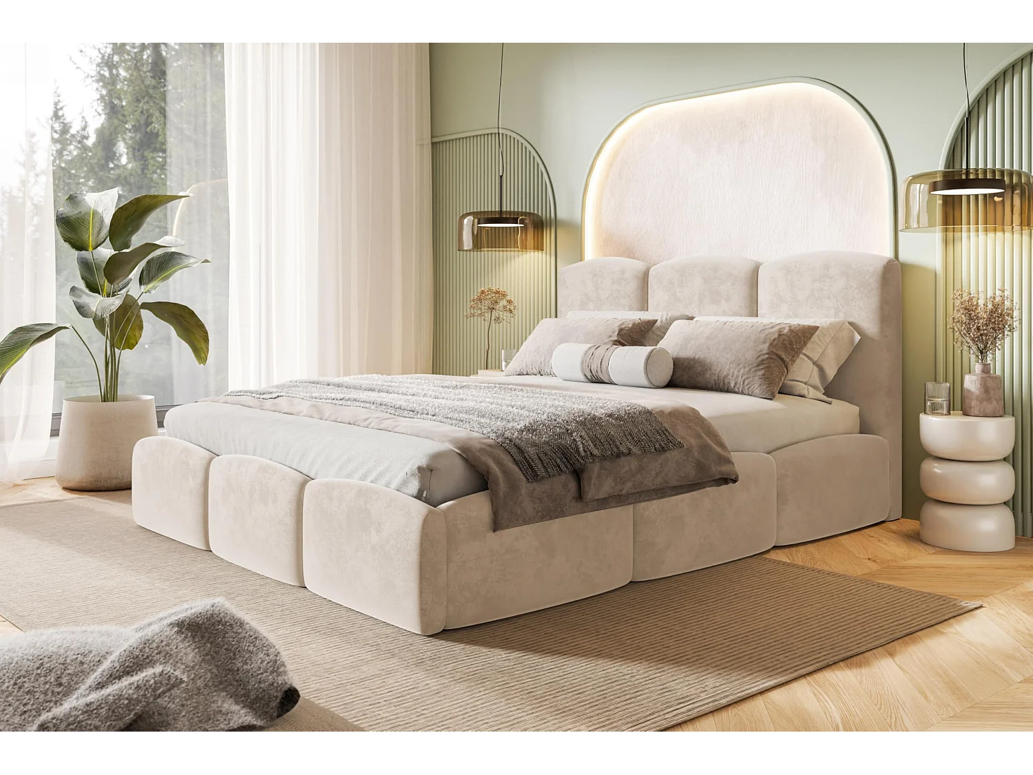 Lit 120x200 - Lit Coffre de Rangement Moderne - Cadre en Métal - Tissu Jasmin Doux - Collection Zoya - Beige