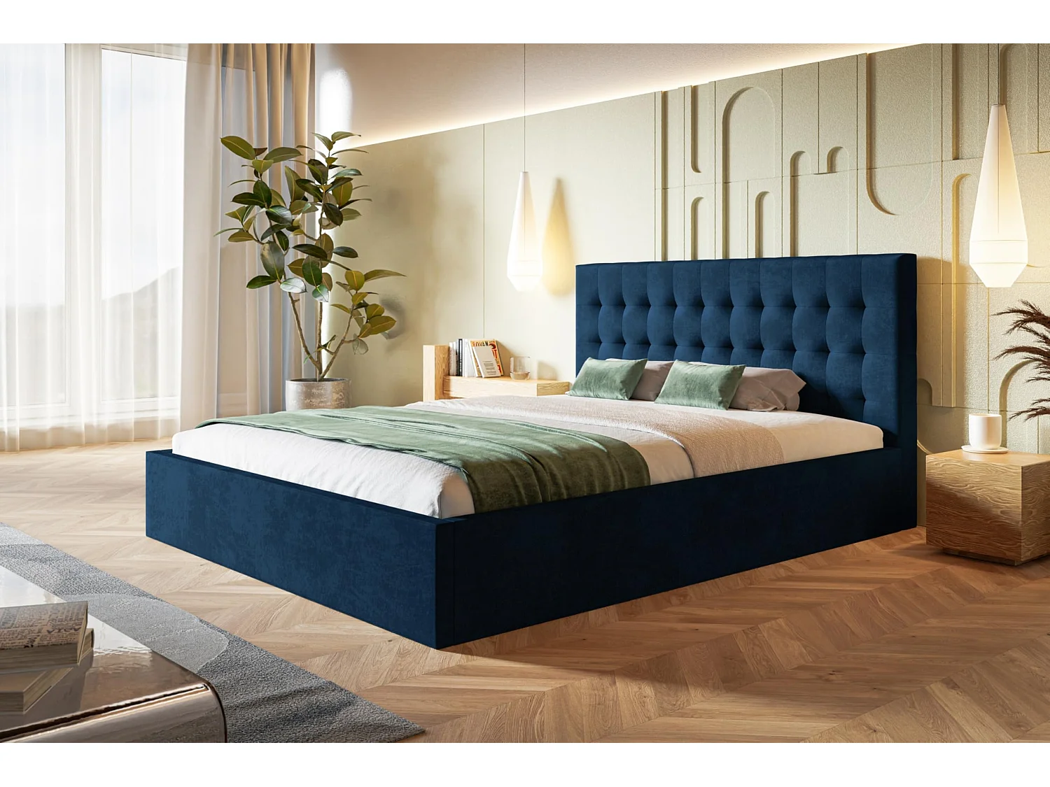 Lit 120x200 - Lit Coffre de Rangement Moderne - Cadre en Bois - Tissu lisse kronos - Collection Rio, Bleu