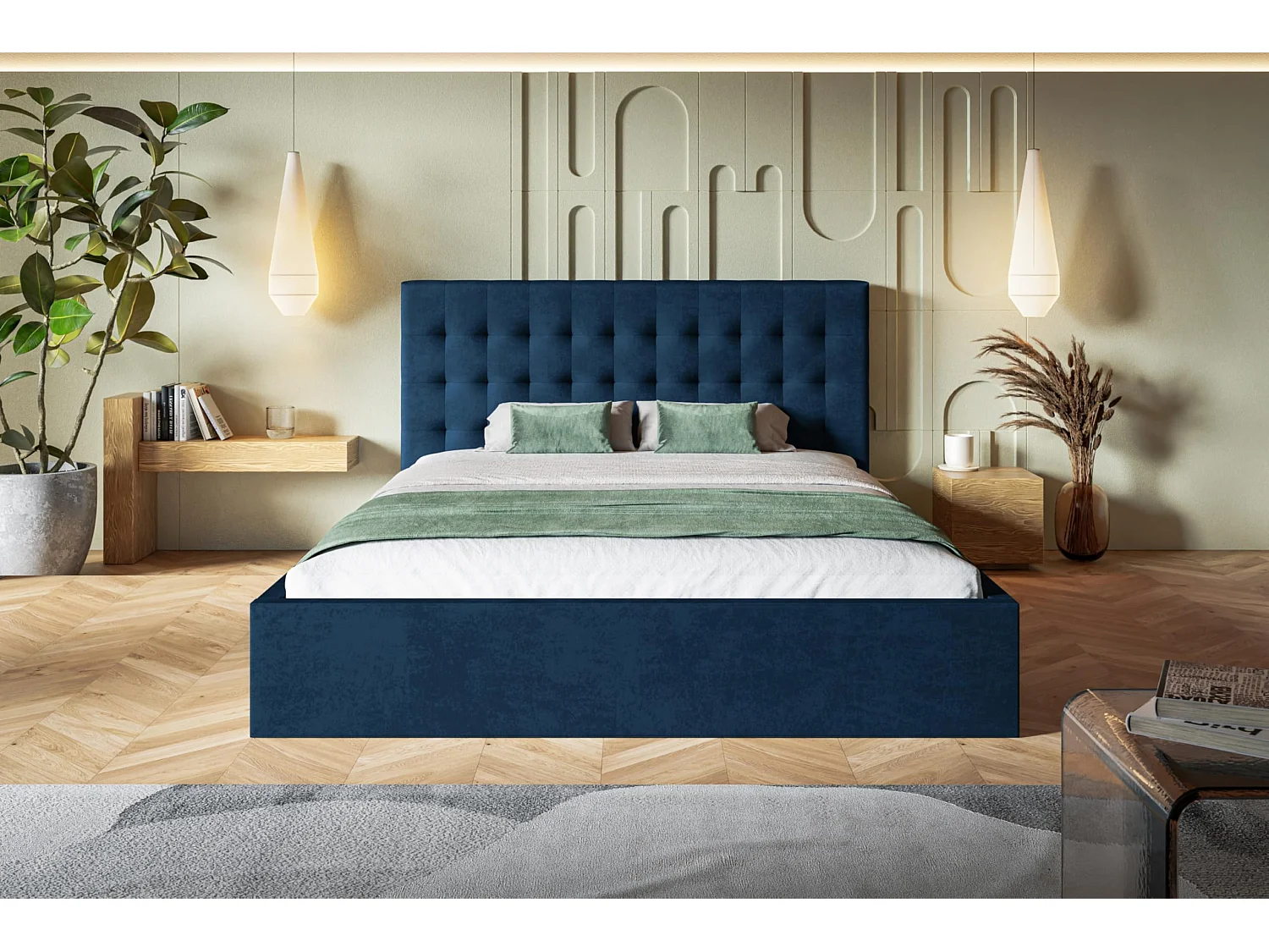 Lit 120x200 - Lit Coffre de Rangement Moderne - Cadre en Bois - Tissu lisse kronos - Collection Rio, Bleu