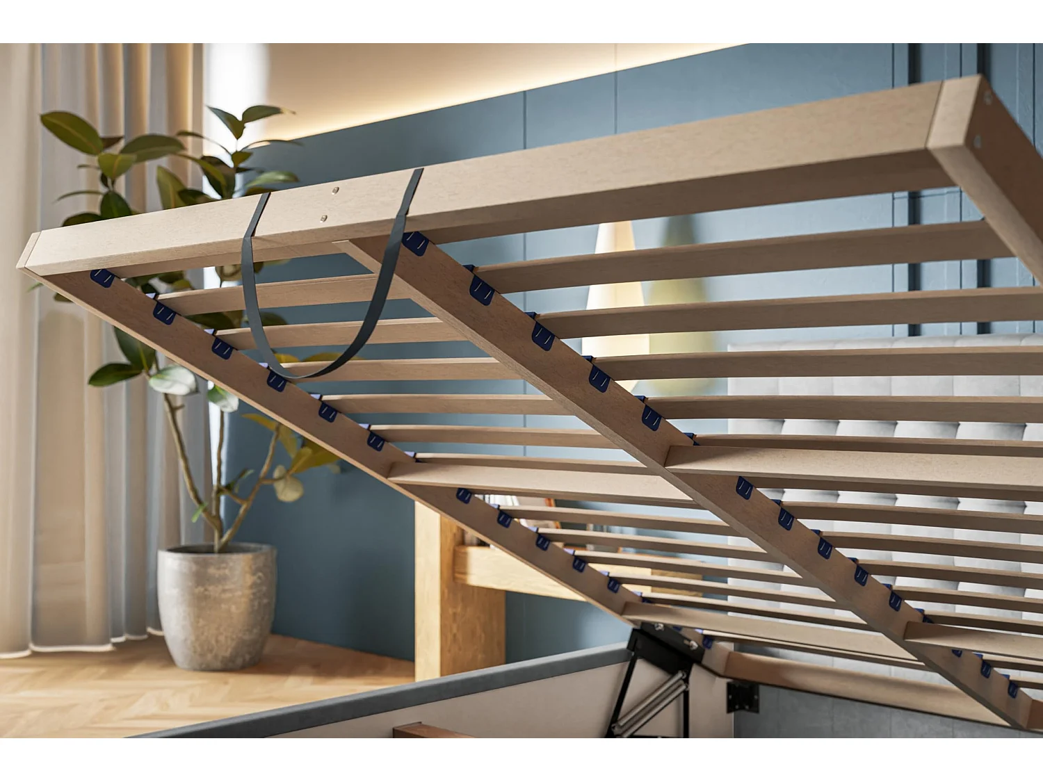 Lit 120x200 - Lit Coffre de Rangement Moderne - Cadre en Bois - Tissu lisse kronos - Collection Rio, Bleu