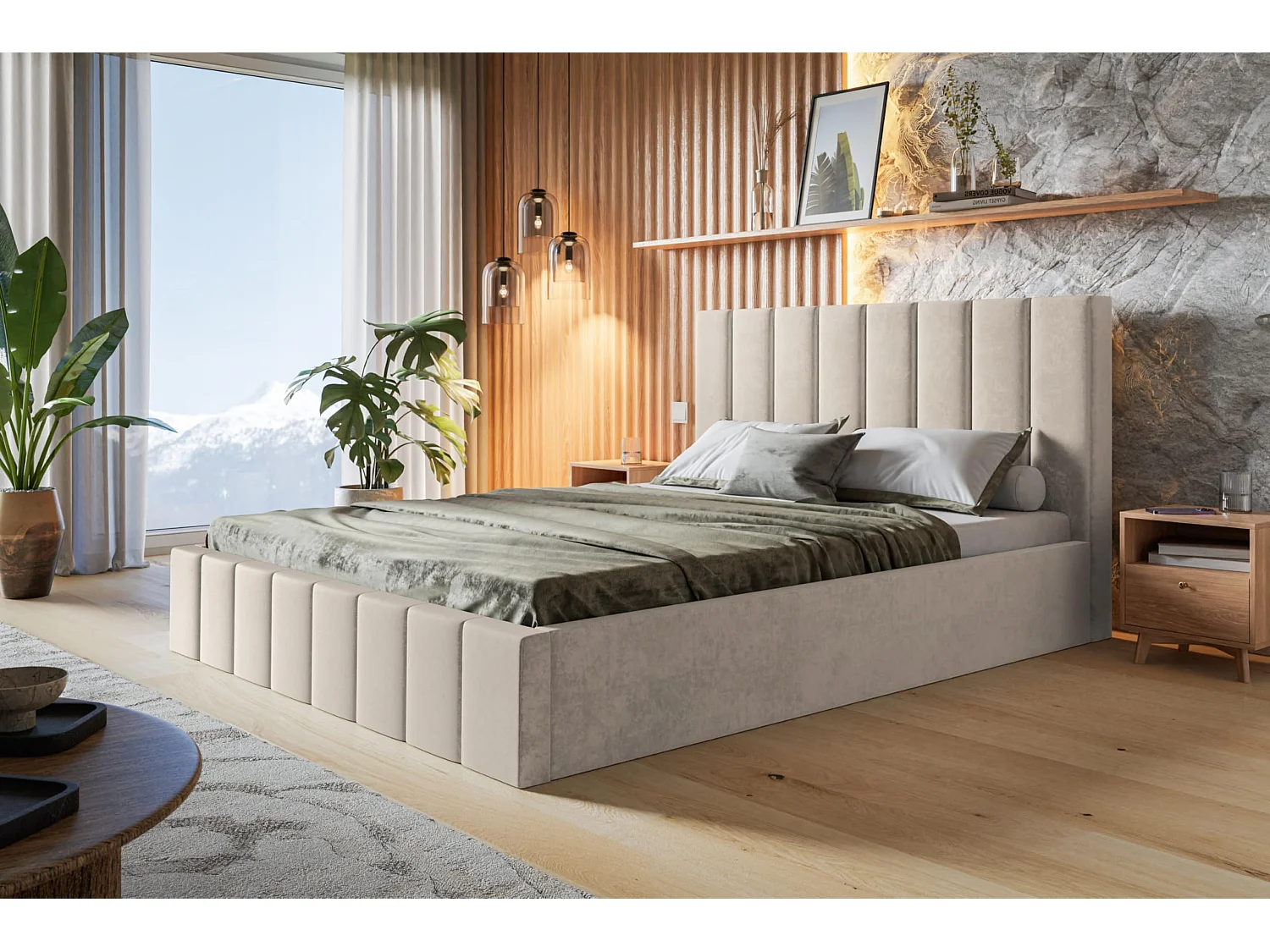 Lit 140x200 - Lit Coffre de Rangement Moderne - Cadre en Bois - Modern Betten Jasmin doux - Collection Toledo - Beige