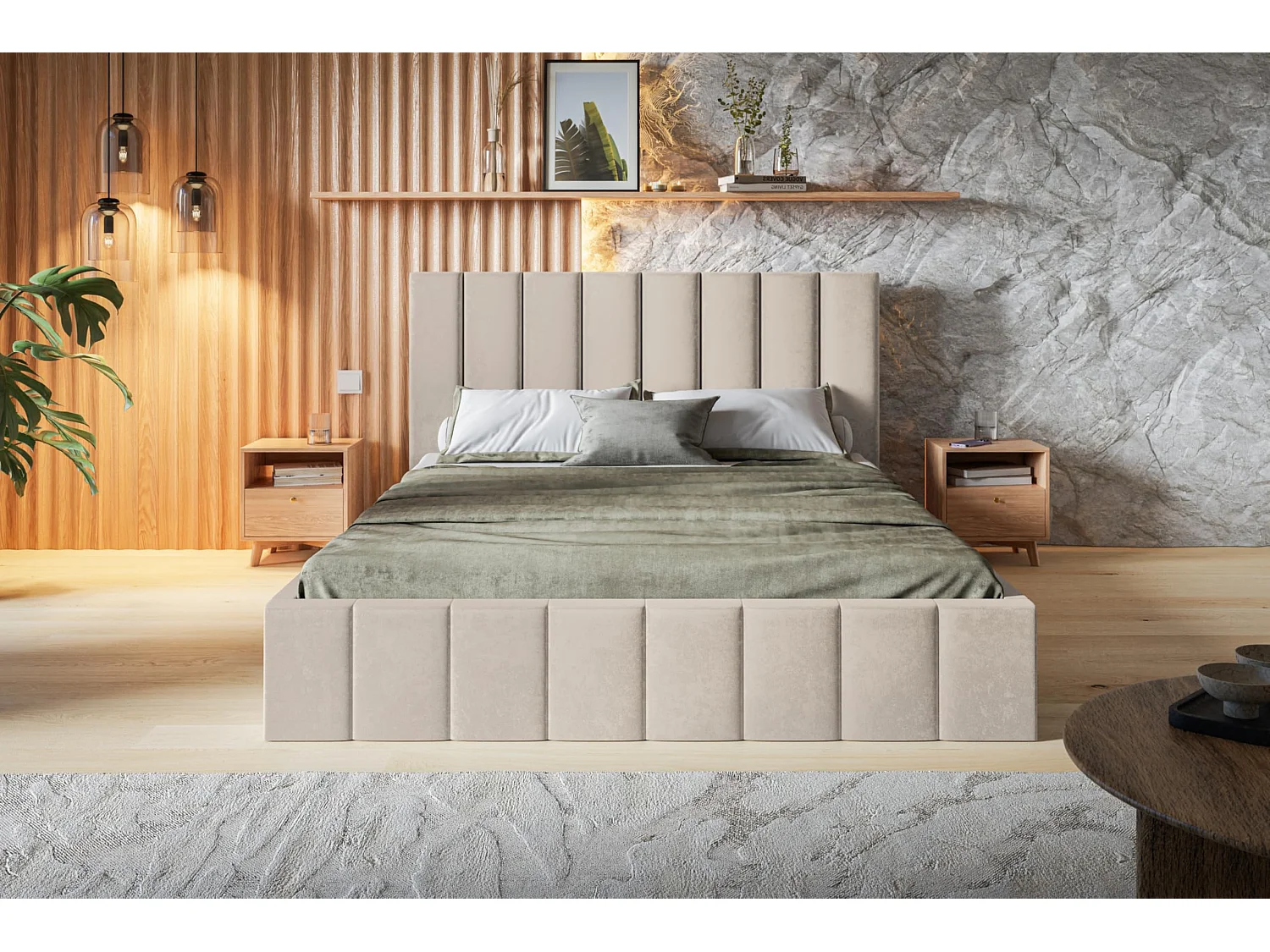 Lit 140x200 - Lit Coffre de Rangement Moderne - Cadre en Bois - Modern Betten Jasmin doux - Collection Toledo - Beige