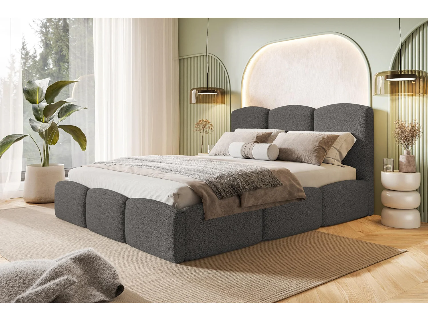 Lit 120x200 - Lit Coffre de Rangement Moderne - Cadre en Bois - Tissu Élégant Catch Me - Collection Zoya - Gris
