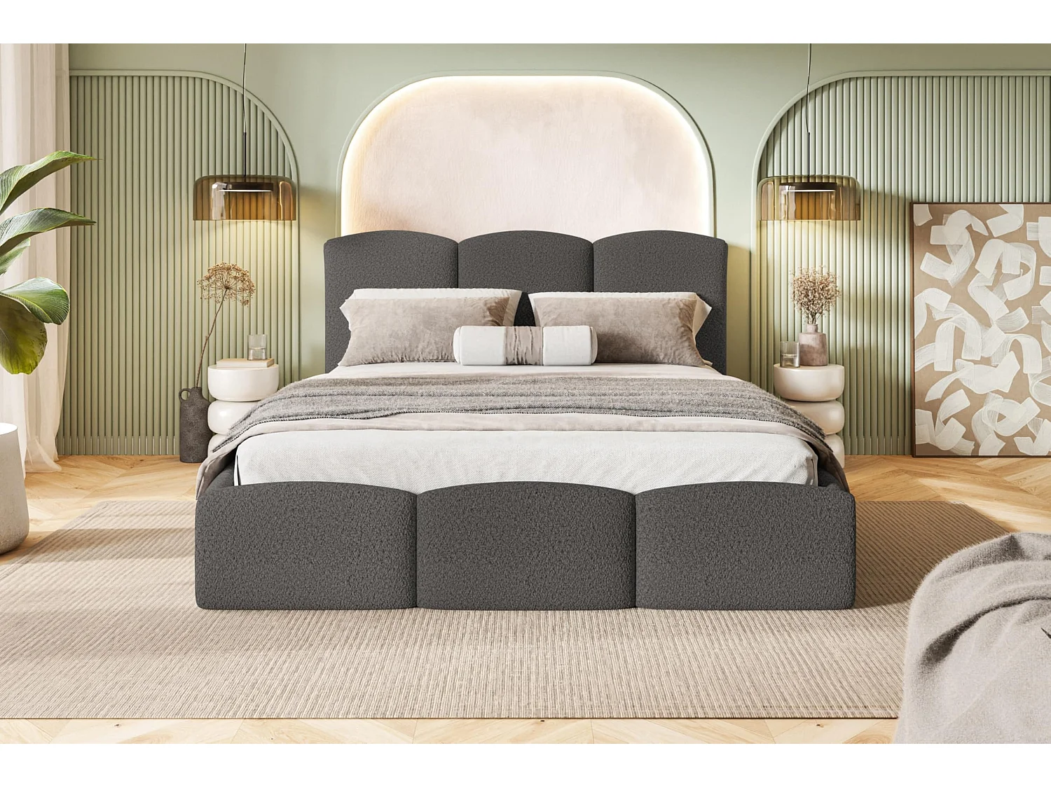 Lit 120x200 - Lit Coffre de Rangement Moderne - Cadre en Bois - Tissu Élégant Catch Me - Collection Zoya - Gris