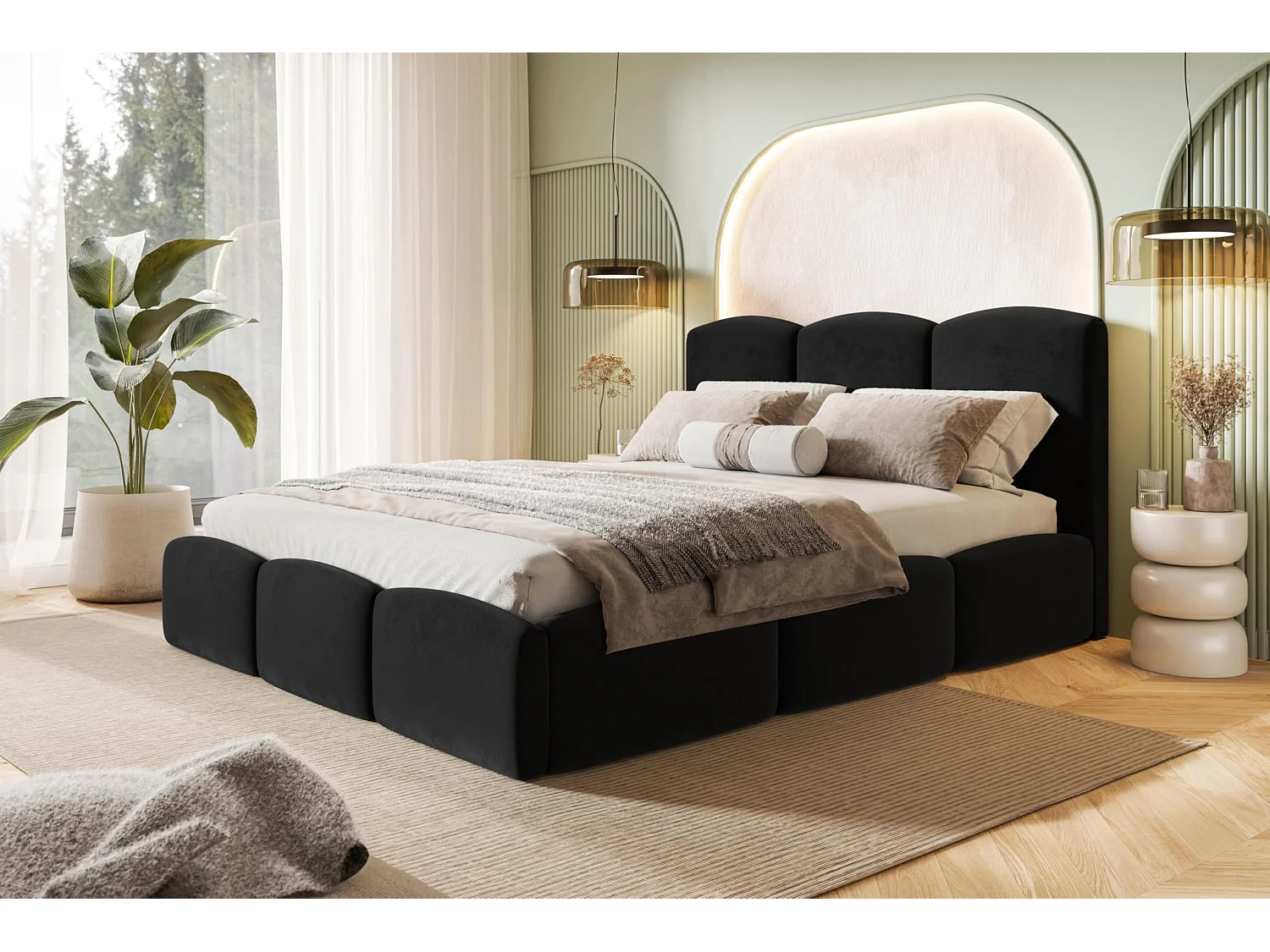Lit 120x200 - Lit Coffre de Rangement Moderne - Cadre en Bois - Tissu Jasmin Doux - Collection Zoya - Noir