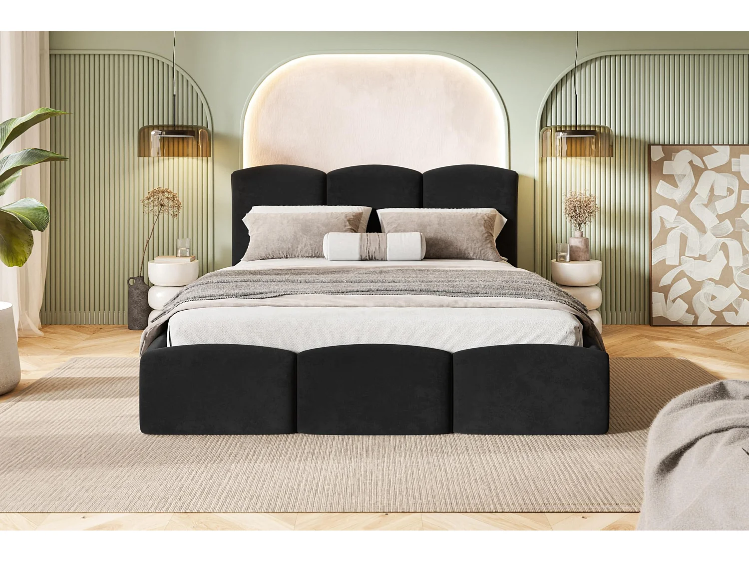 Lit 120x200 - Lit Coffre de Rangement Moderne - Cadre en Bois - Tissu Jasmin Doux - Collection Zoya - Noir