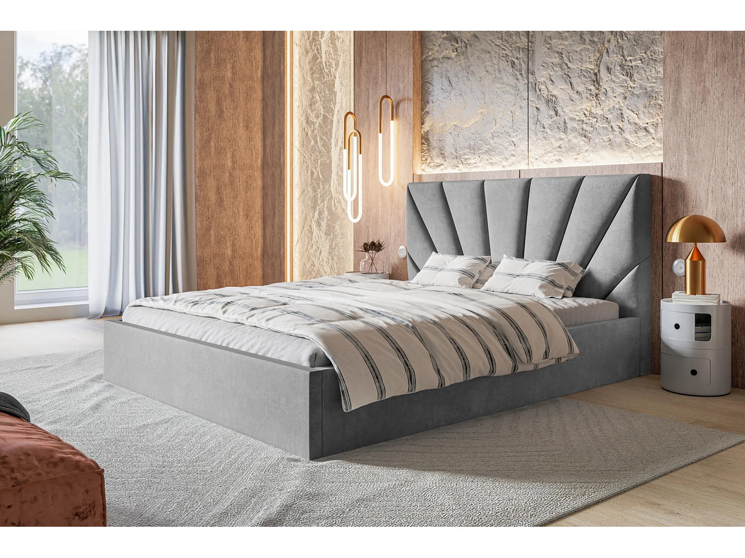 Lit 120x200 - Lit Coffre de Rangement Moderne - Cadre en Bois - Tissu Jasmin doux - Collection Denver, Gris