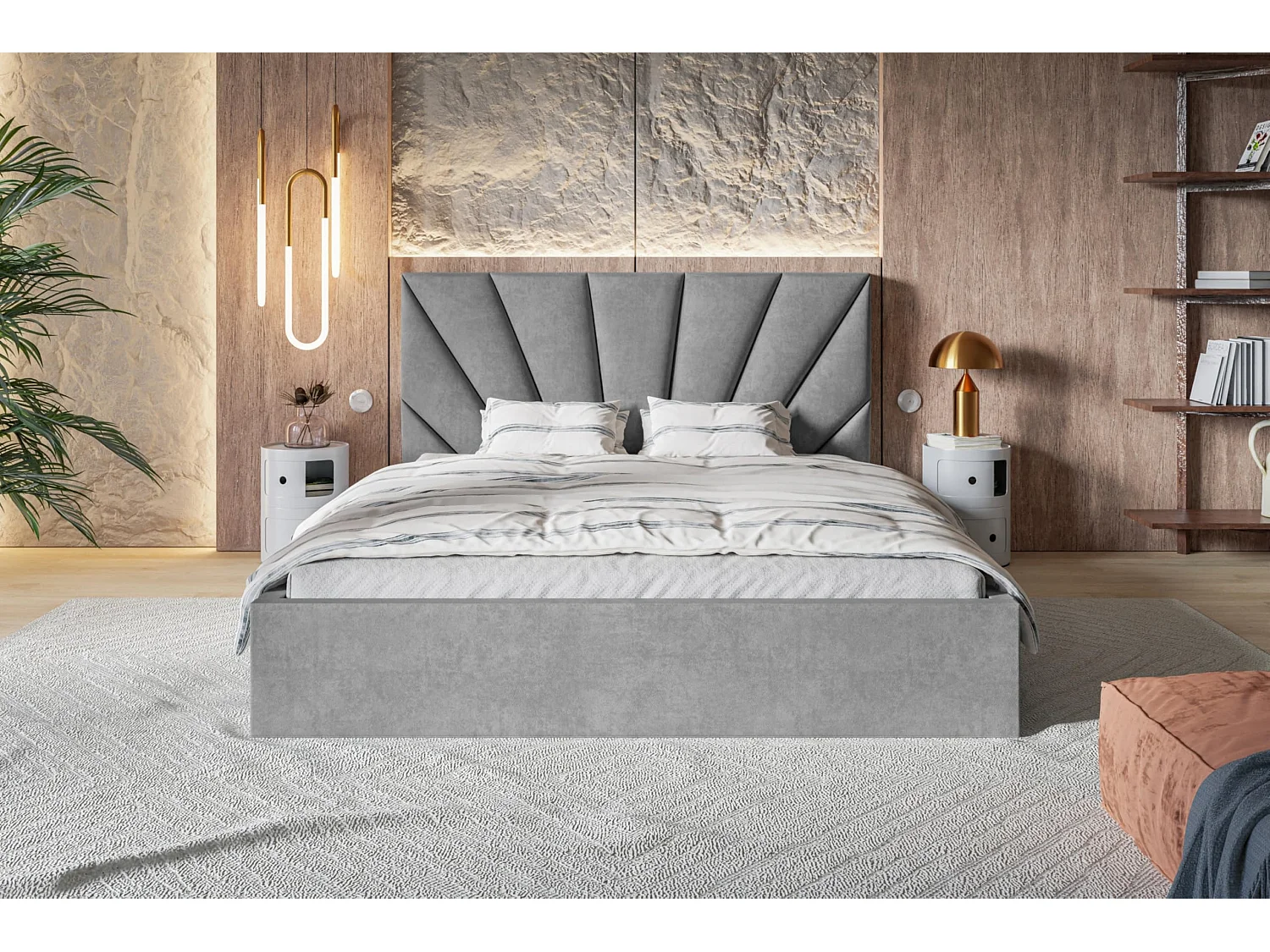 Lit 120x200 - Lit Coffre de Rangement Moderne - Cadre en Bois - Tissu Jasmin doux - Collection Denver, Gris