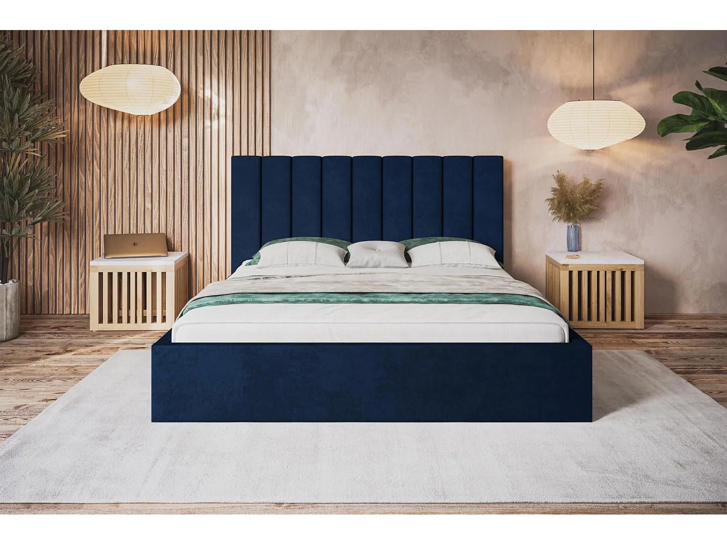 Lit 140x200 - Lit Coffre de Rangement Moderne - Cadre en Bois - Modern Betten Kronos Lisse -Collection Sapporo - Bleu