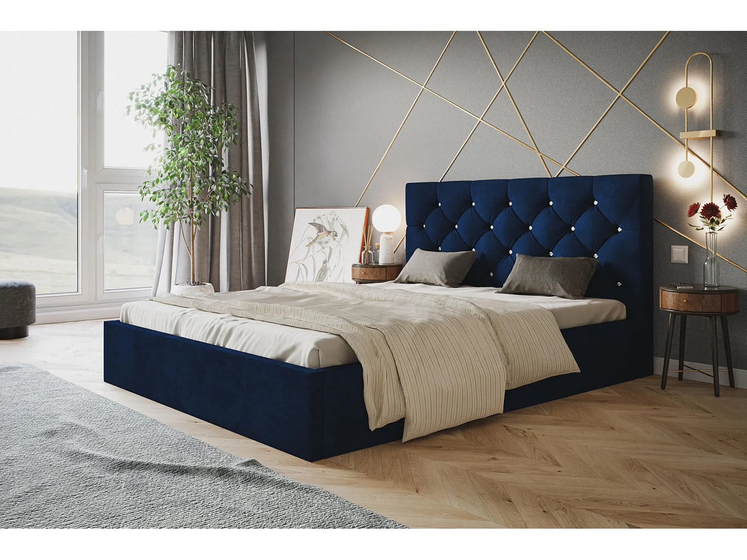 Lit 120x200 - Lit Coffre de Rangement Moderne - Cadre en Métal - Tissu Kronos Lisse - Collection Boston - Bleu