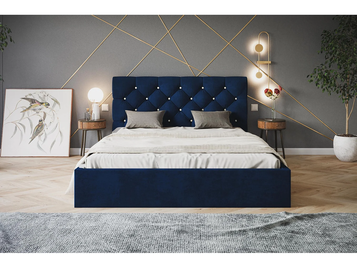 Lit 120x200 - Lit Coffre de Rangement Moderne - Cadre en Métal - Tissu Kronos Lisse - Collection Boston - Bleu