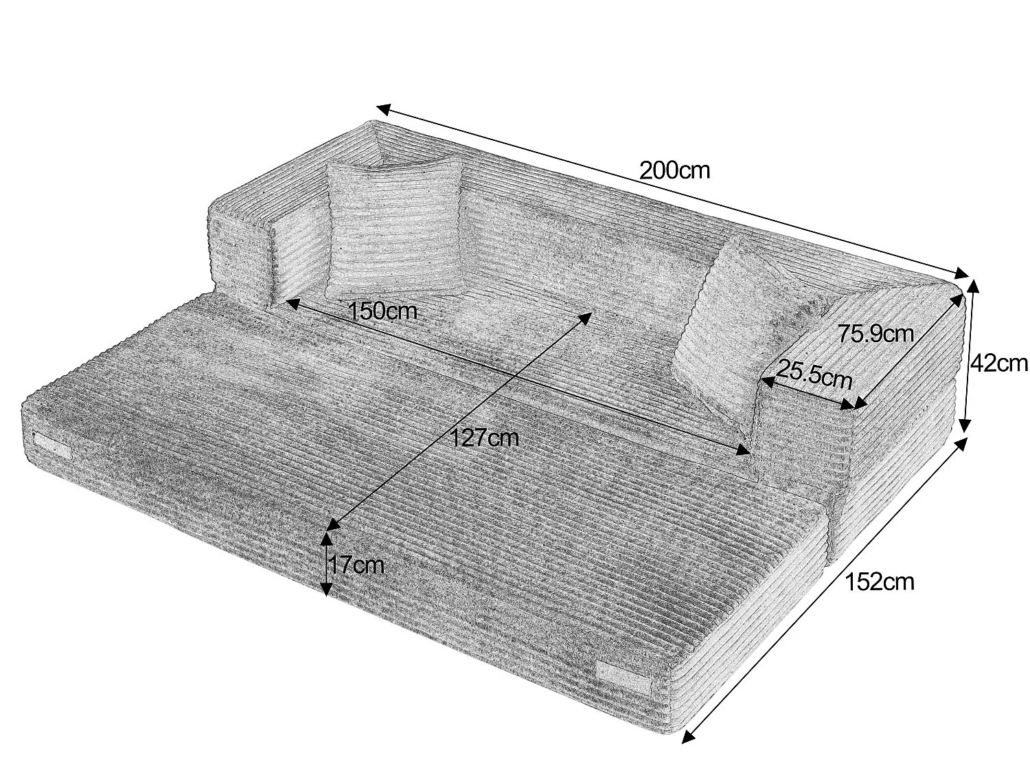 Kaleido SE Canapé Modulable Convertible | Mousse Haute Densité Compressé sous Vide, Tissu Velours Côtelé Résistant, Salon Studio | 200x76x60 cm
