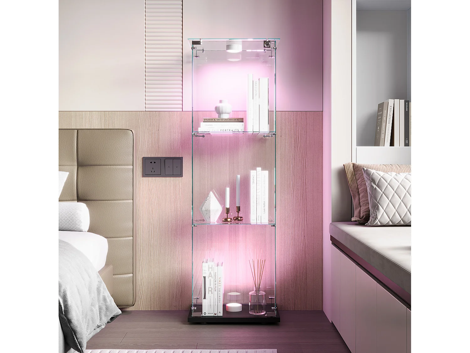 Vitrine D’exposition Une Porte 3 Étagères Verre Trempé, Éclairage LED Intégré, Serrure Anti-Poussière, Socle Noir Rangement Figurine,39,8×35×123,3cm