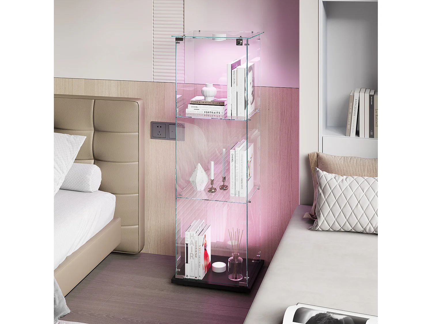 Vitrine D’exposition Une Porte 3 Étagères Verre Trempé, Éclairage LED Intégré, Serrure Anti-Poussière, Socle Noir Rangement Figurine,39,8×35×123,3cm
