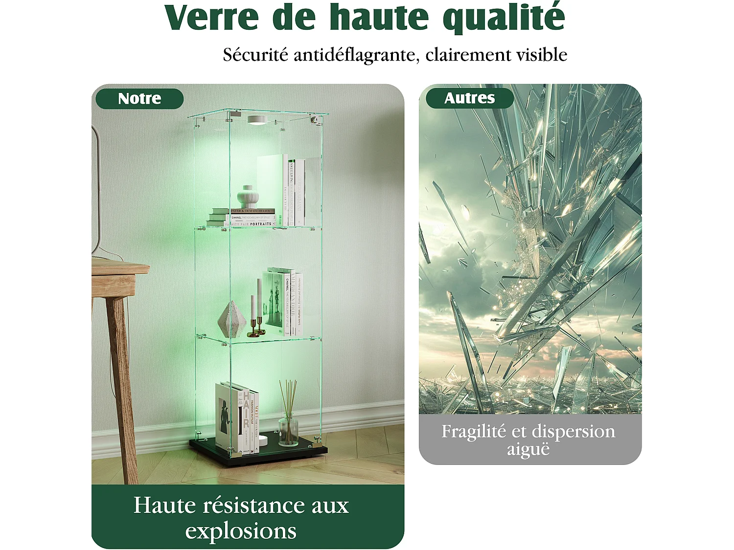 Vitrine D’exposition Une Porte 3 Étagères Verre Trempé, Éclairage LED Intégré, Serrure Anti-Poussière, Socle Noir Rangement Figurine,39,8×35×123,3cm