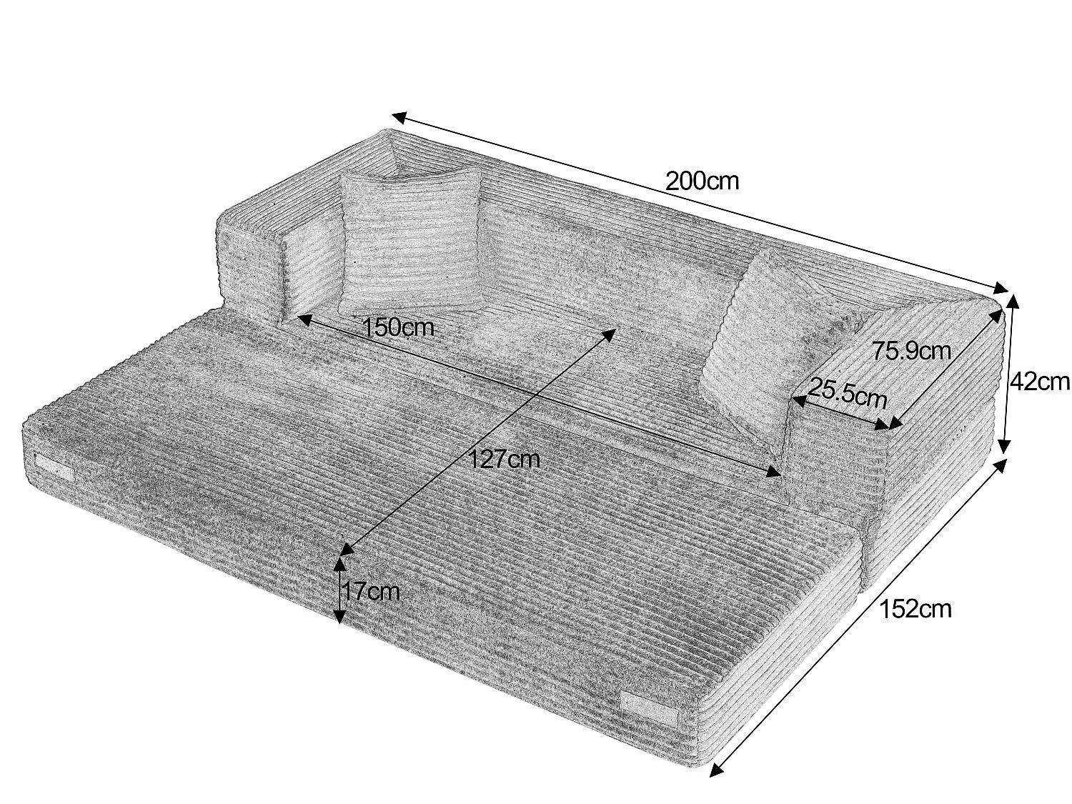 Kaleido SE Canapé Modulable Convertible | Mousse Haute Densité Compressé sous Vide, Tissu Velours Côtelé Résistant, Salon Studio | 200x76x60 cm