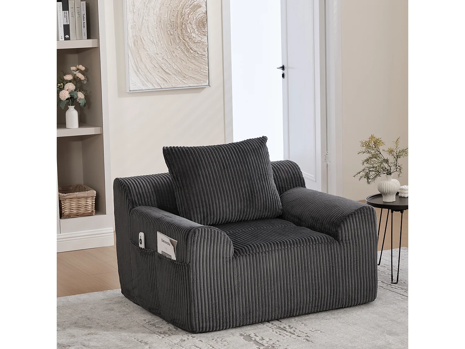 Fauteuil 147/110/67 cm avec repose-pieds avec poches latérales Velours côtelé gris foncé