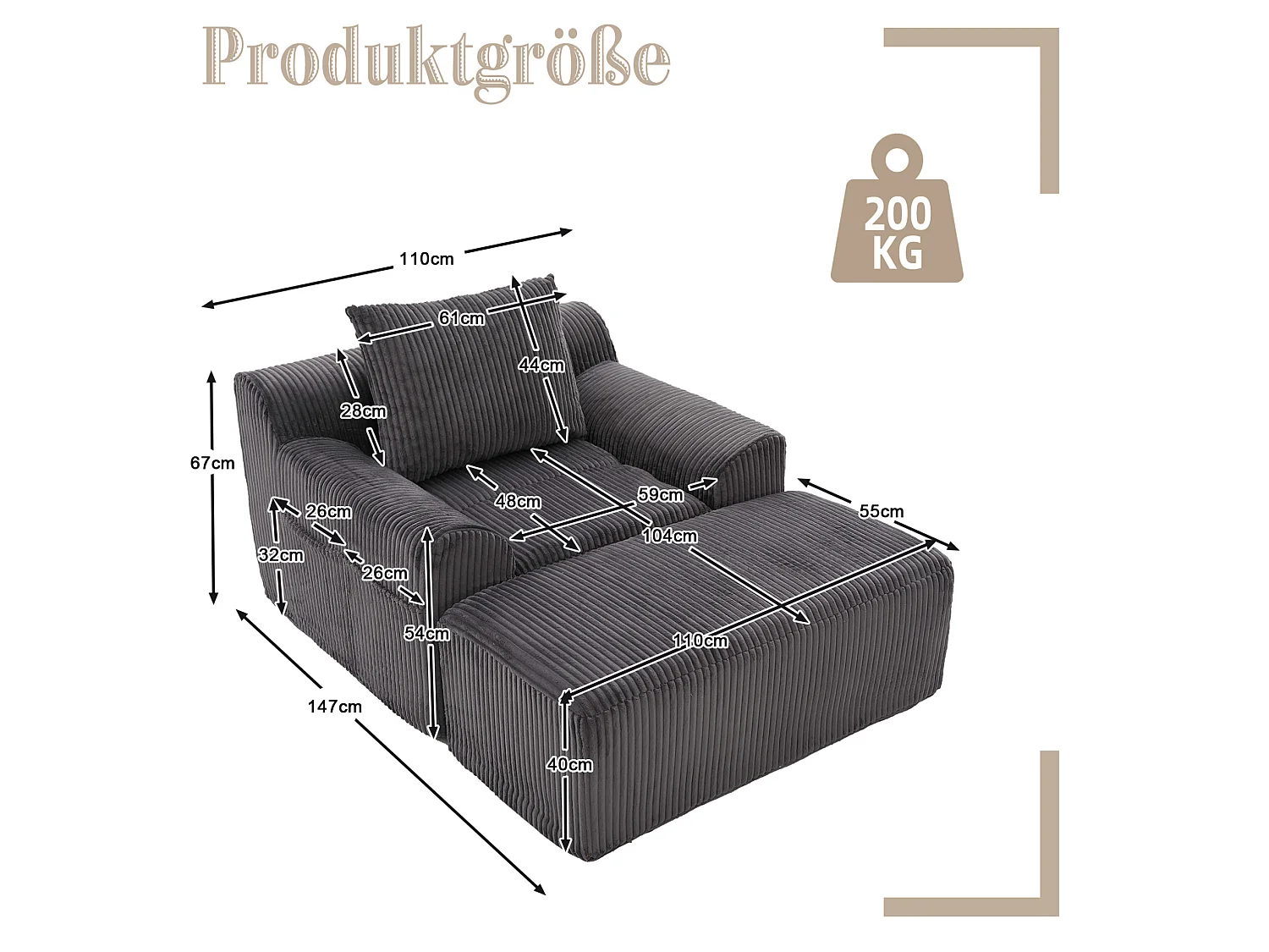 Fauteuil 147/110/67 cm avec repose-pieds avec poches latérales Velours côtelé gris foncé