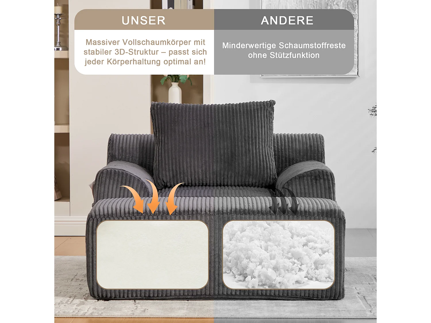 Fauteuil 147/110/67 cm avec repose-pieds avec poches latérales Velours côtelé gris foncé