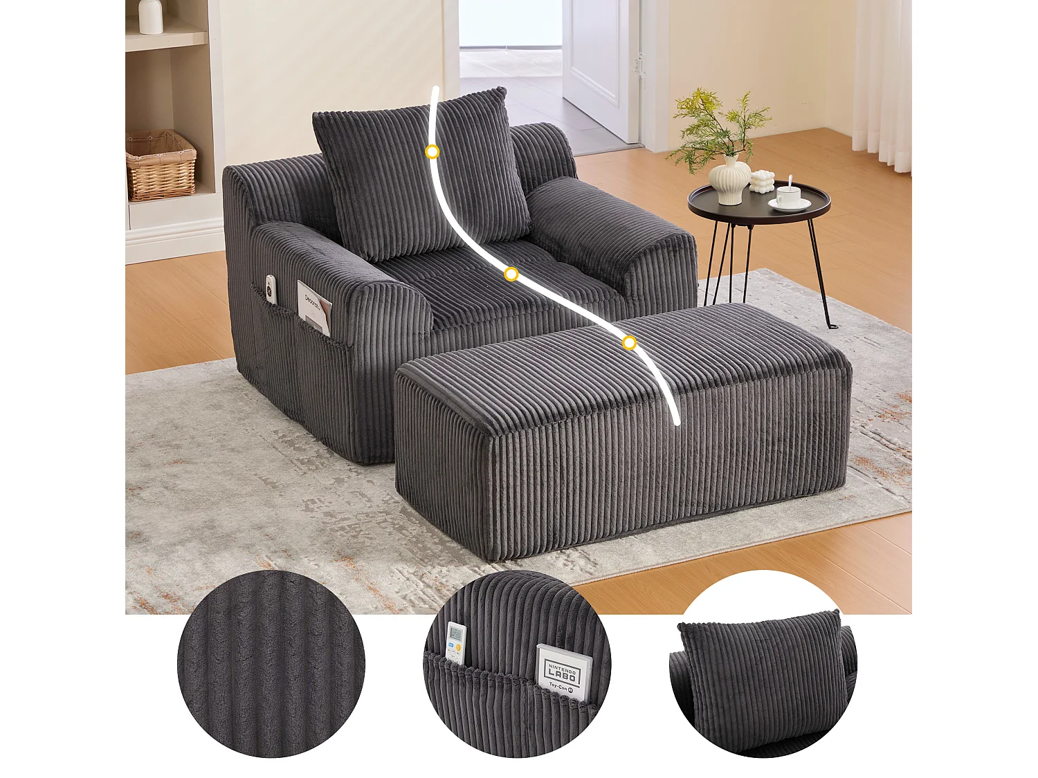 Fauteuil 147/110/67 cm avec repose-pieds avec poches latérales Velours côtelé gris foncé
