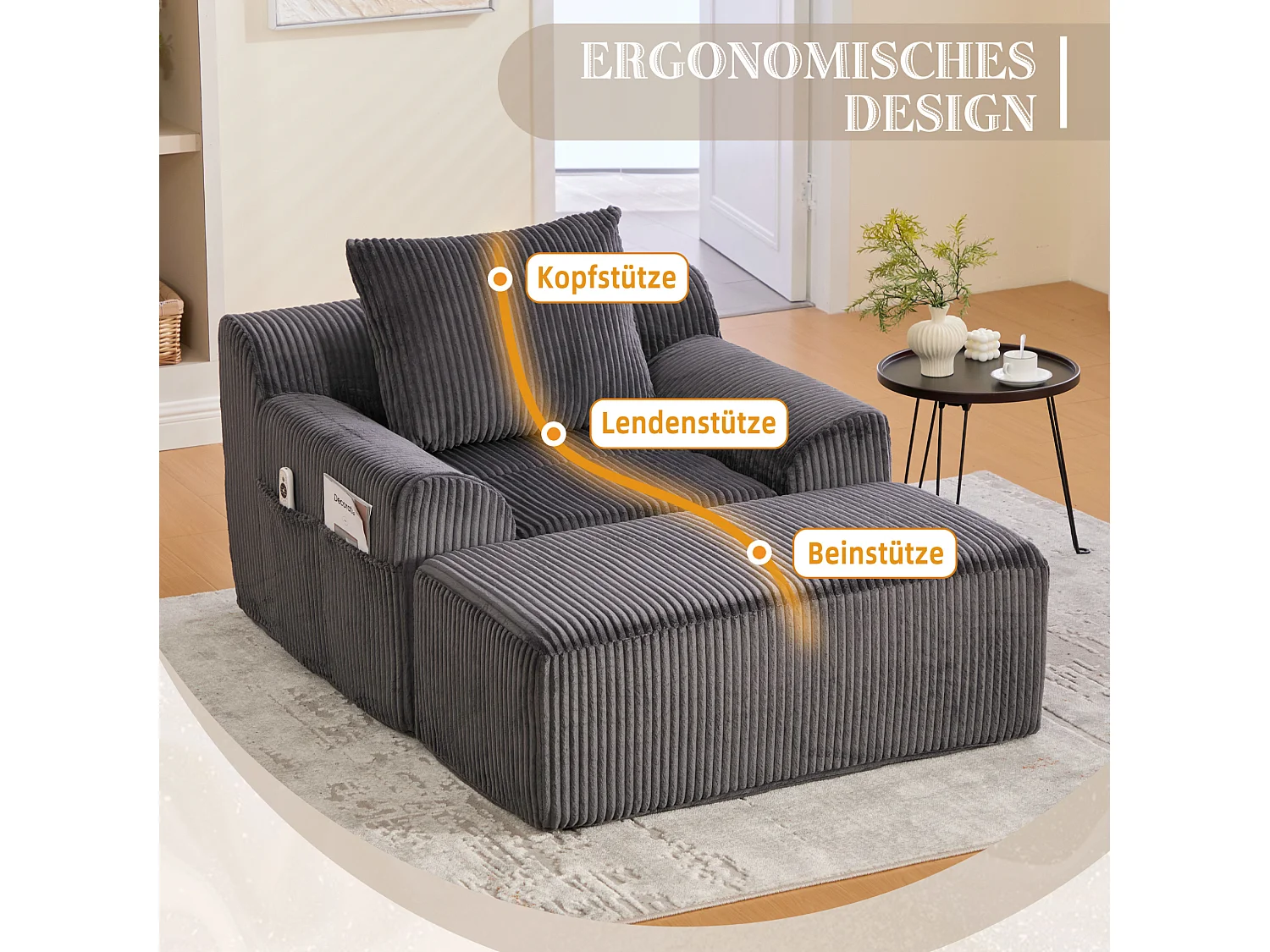 Fauteuil 147/110/67 cm avec repose-pieds avec poches latérales Velours côtelé gris foncé