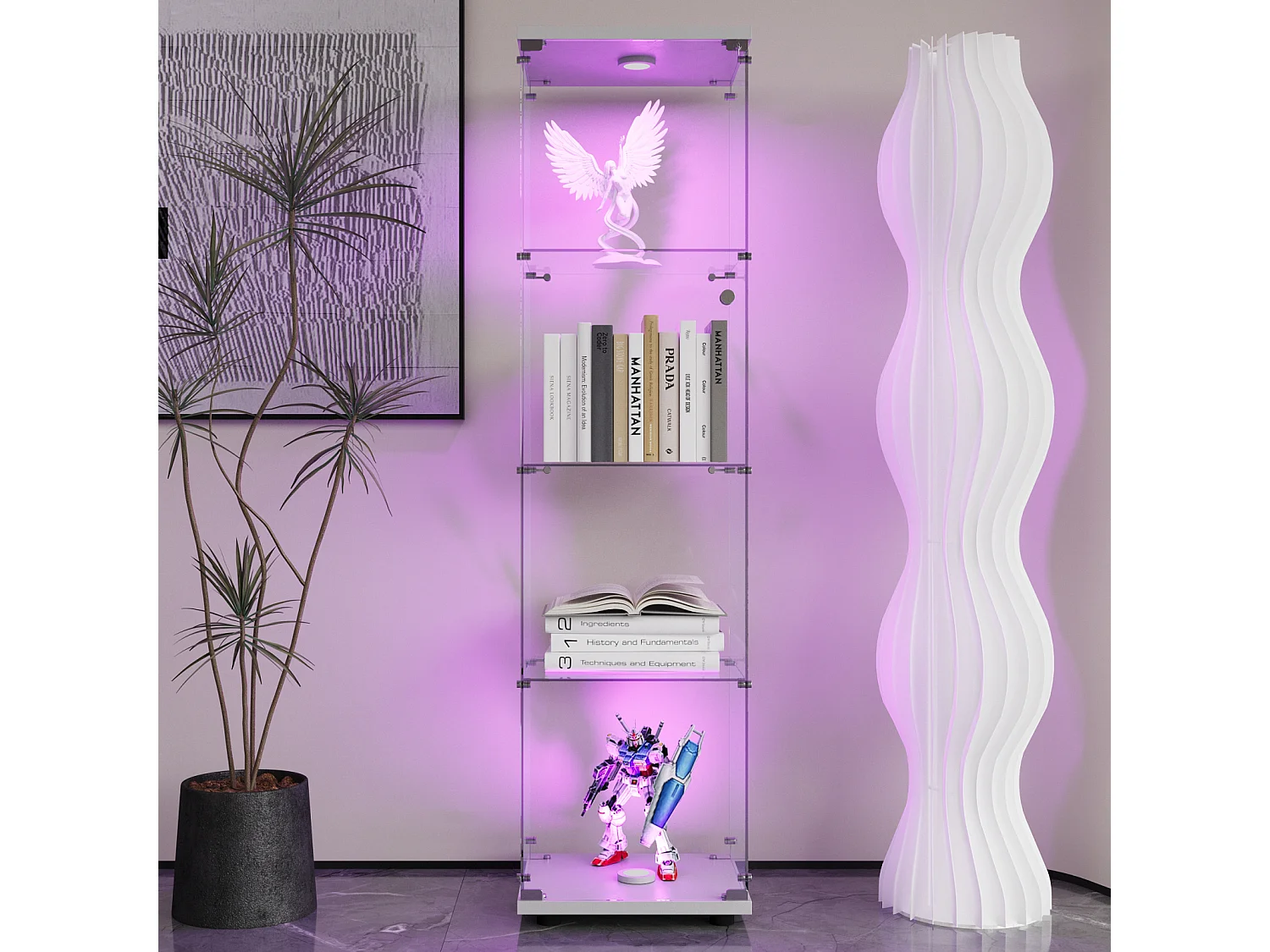 Vitrine D’exposition À Une Porte 4 Étagères Verre Trempé, Éclairage LED Intégré, Meuble Sol Blanc Pour Salon/Chambre/Bureau, L42×P36×H163,9cm