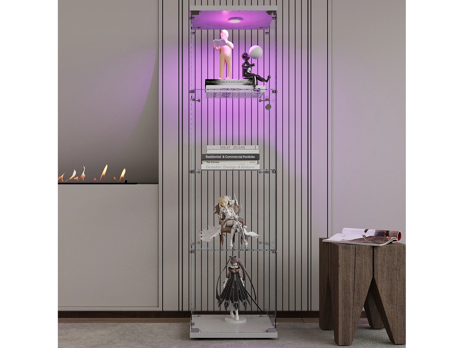 Vitrine D’exposition À Une Porte 4 Étagères Verre Trempé, Éclairage LED Intégré, Meuble Sol Blanc Pour Salon/Chambre/Bureau, L42×P36×H163,9cm