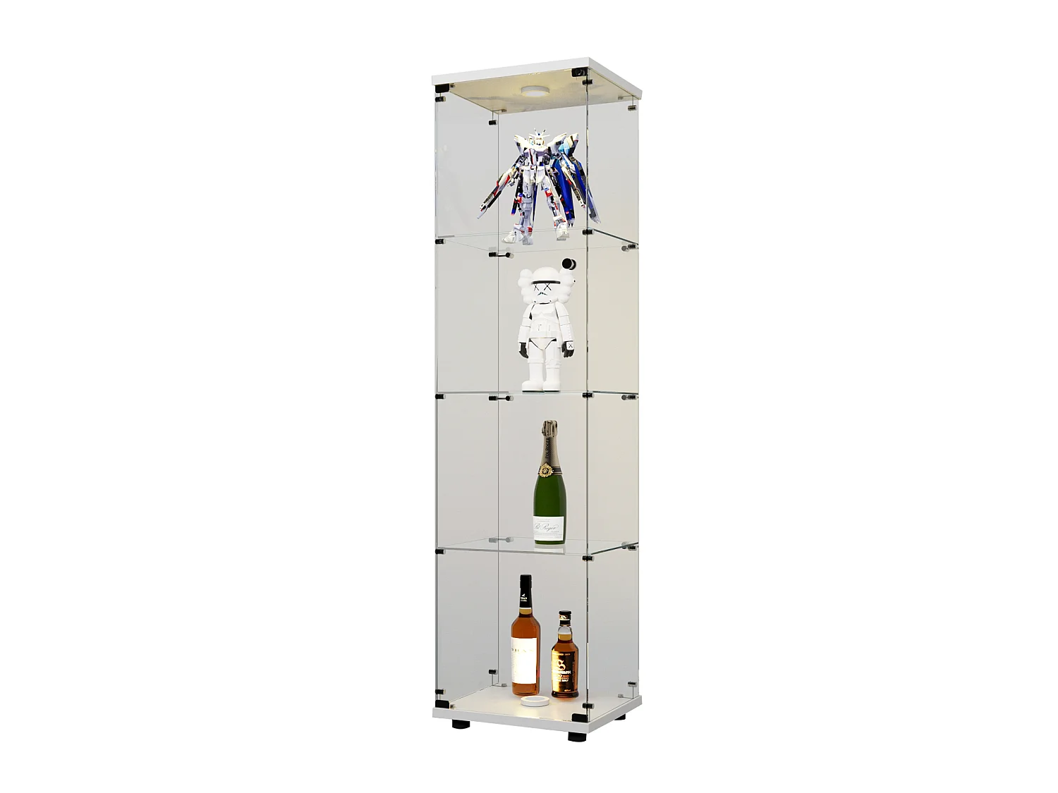 Vitrine D’exposition À Une Porte 4 Étagères Verre Trempé, Éclairage LED Intégré, Meuble Sol Blanc Pour Salon/Chambre/Bureau, L42×P36×H163,9cm