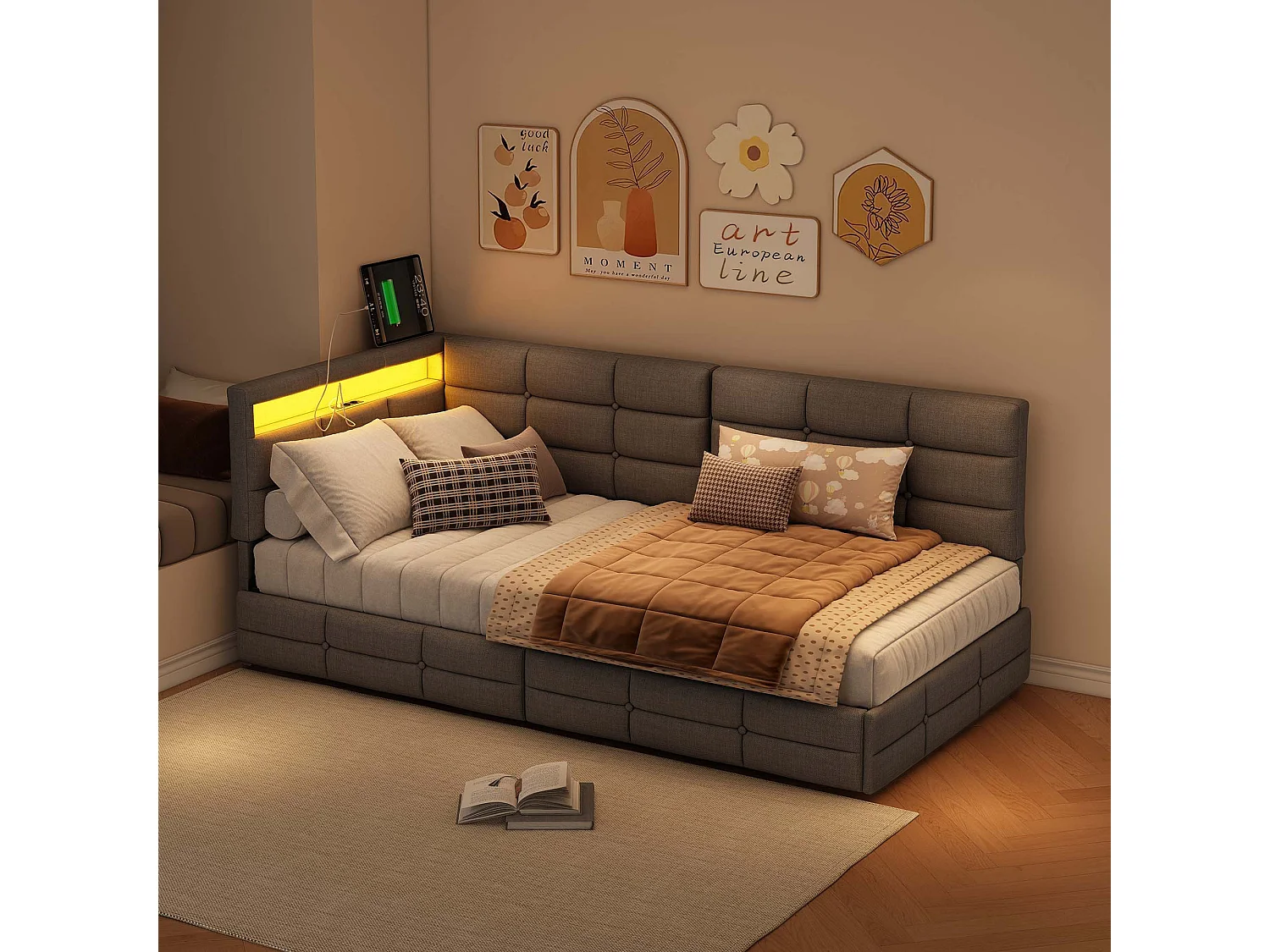Canapé-lit 90 x 200 cm, lit simple avec 2 tiroirs, banquette-lit d'angle en lin gris avec éclairage LED et ports USB/Type-C, sommier à lattes, gris
