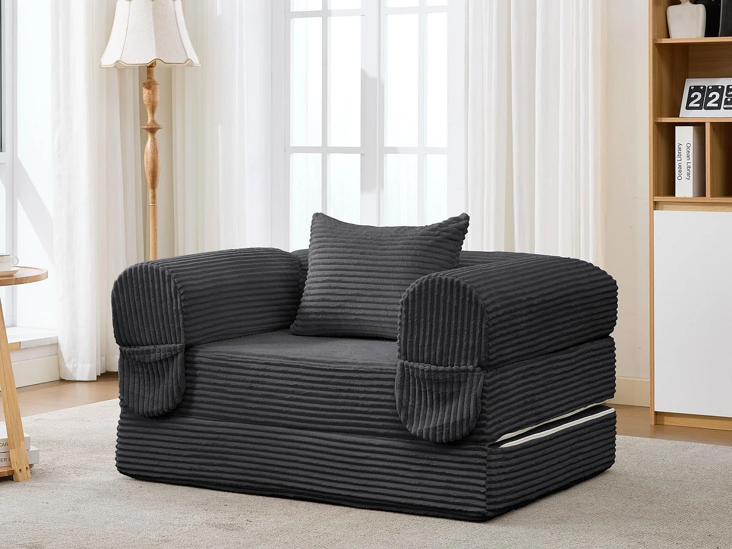 Chauffeuse Convertible et Modulable Kaleido 1 Place | Fauteuil Solo en Velours Côtelé et Mousse Haute Densité | Idéal Petit Espace, Salon et Bureau