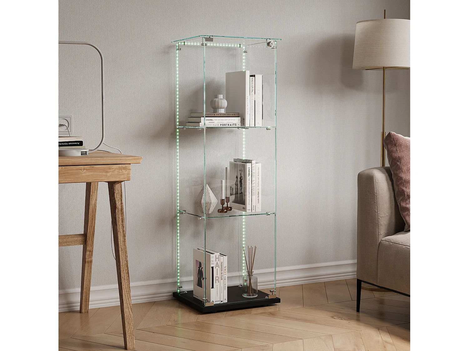 Vitrine À Une Porte 3 Tablettes Verre Trempé, Éclairage LED, Base Noire, Armoire De Présentation Pour Figurines Et Déco,39,8×35×123,3cm
