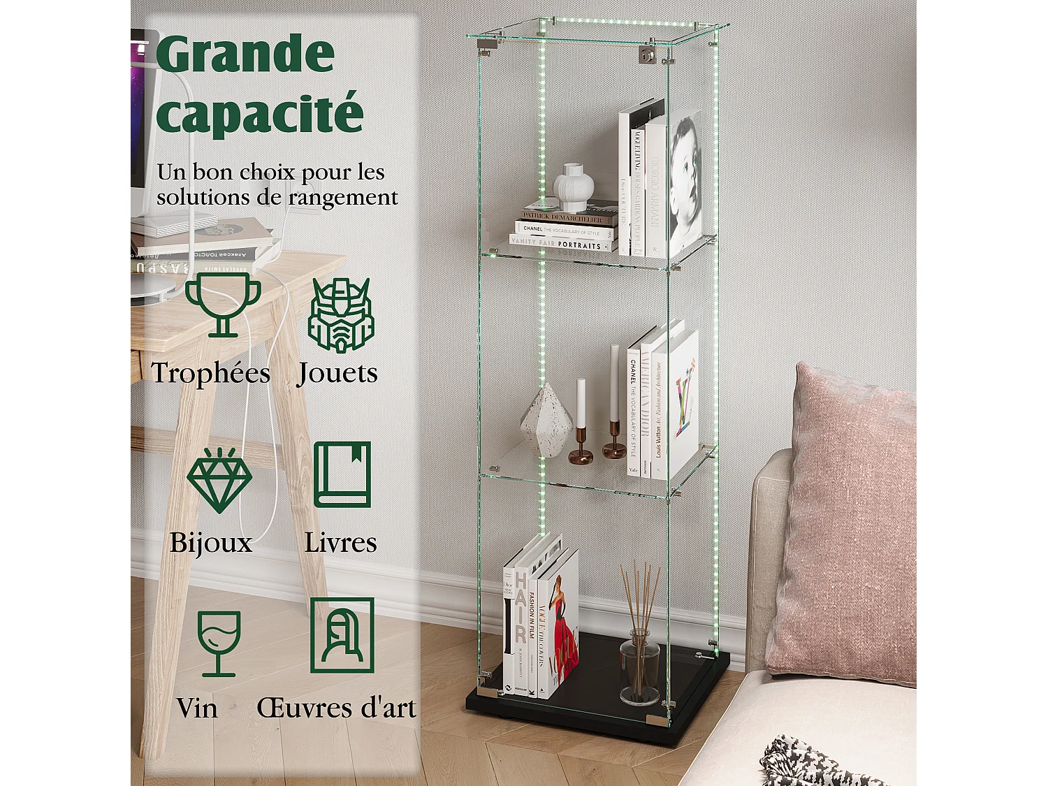 Vitrine À Une Porte 3 Tablettes Verre Trempé, Éclairage LED, Base Noire, Armoire De Présentation Pour Figurines Et Déco,39,8×35×123,3cm