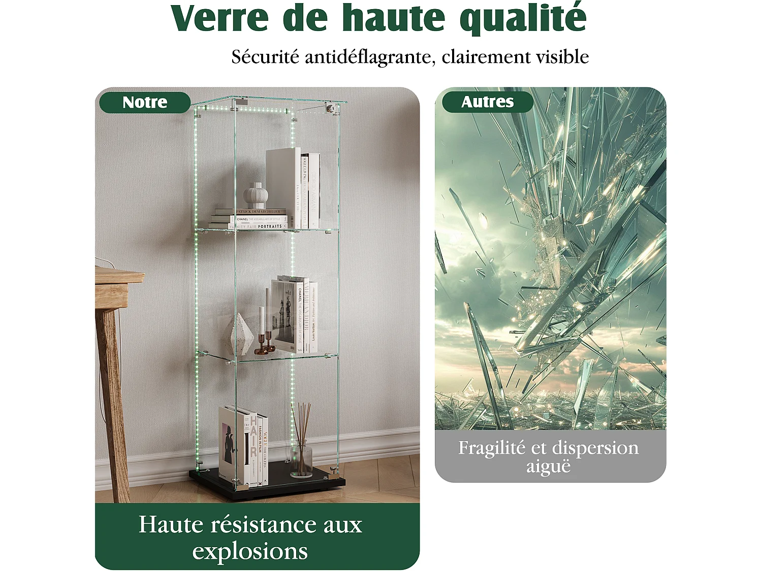 Vitrine À Une Porte 3 Tablettes Verre Trempé, Éclairage LED, Base Noire, Armoire De Présentation Pour Figurines Et Déco,39,8×35×123,3cm