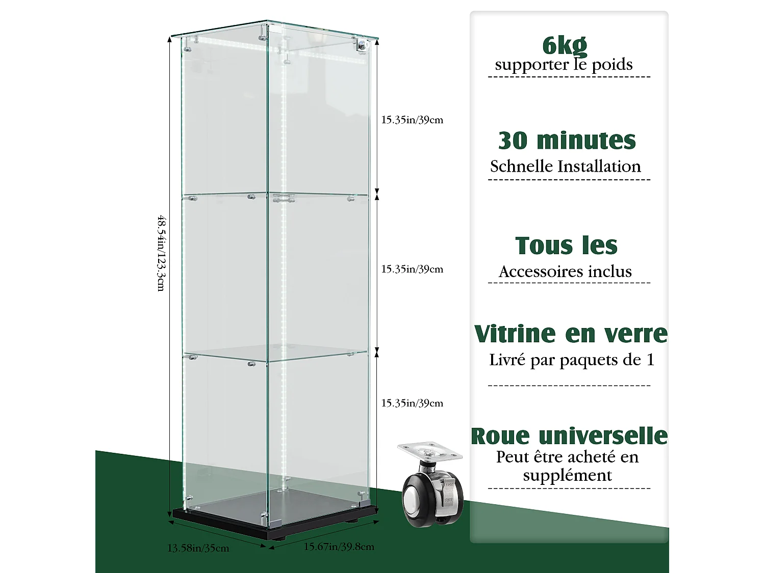Vitrine À Une Porte 3 Tablettes Verre Trempé, Éclairage LED, Base Noire, Armoire De Présentation Pour Figurines Et Déco,39,8×35×123,3cm