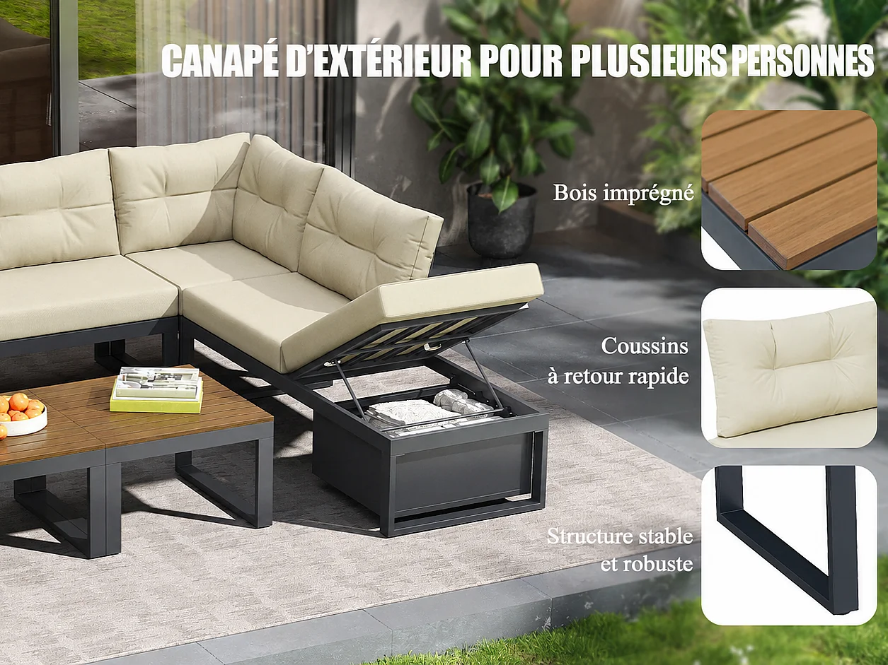 Salon de Jardin 5 Places - Canapé Convertible en L/U avec Coffre de Rangement, Tables Poufs & Coussins Épais Imperméables
