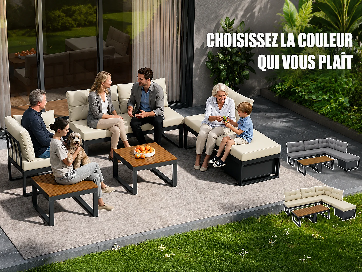 Salon de Jardin 5 Places - Canapé Convertible en L/U avec Coffre de Rangement, Tables Poufs & Coussins Épais Imperméables