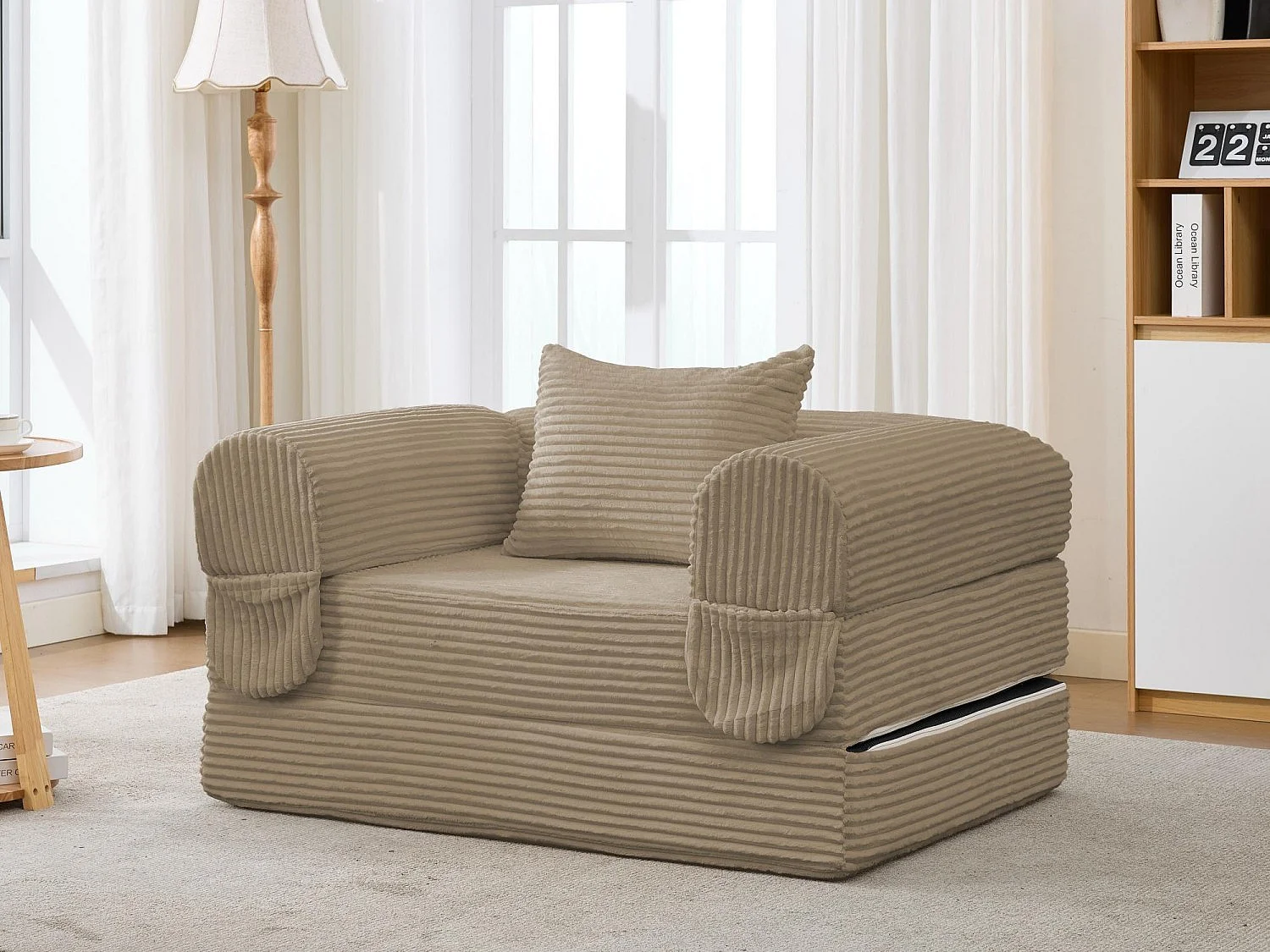 Chauffeuse Convertible et Modulable Kaleido 1 Place | Fauteuil Solo en Velours Côtelé et Mousse Haute Densité | Idéal Petit Espace, Salon et Bureau