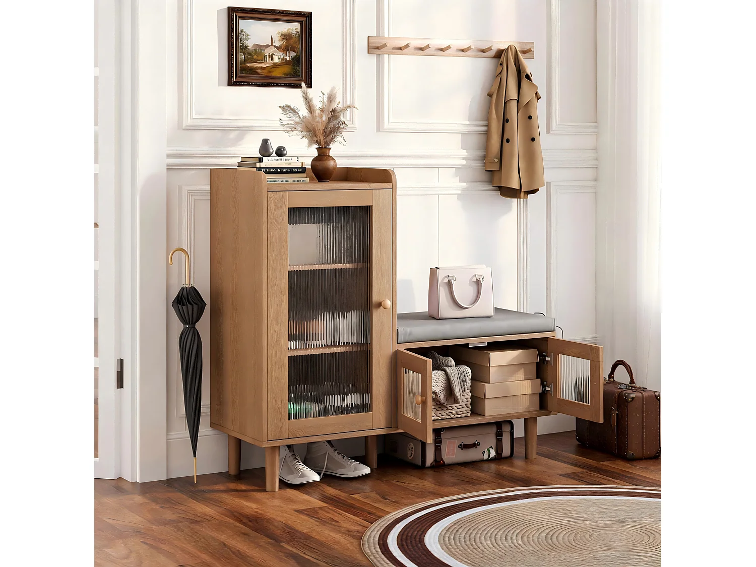 Meuble D’Entrée Pour Chaussures Couleur Bois Naturel,Banc Intégré, 3 Tablettes Réglables,2 Portes Vitrées,Poignées Et Socle Métalliques,100x35x69,5cm