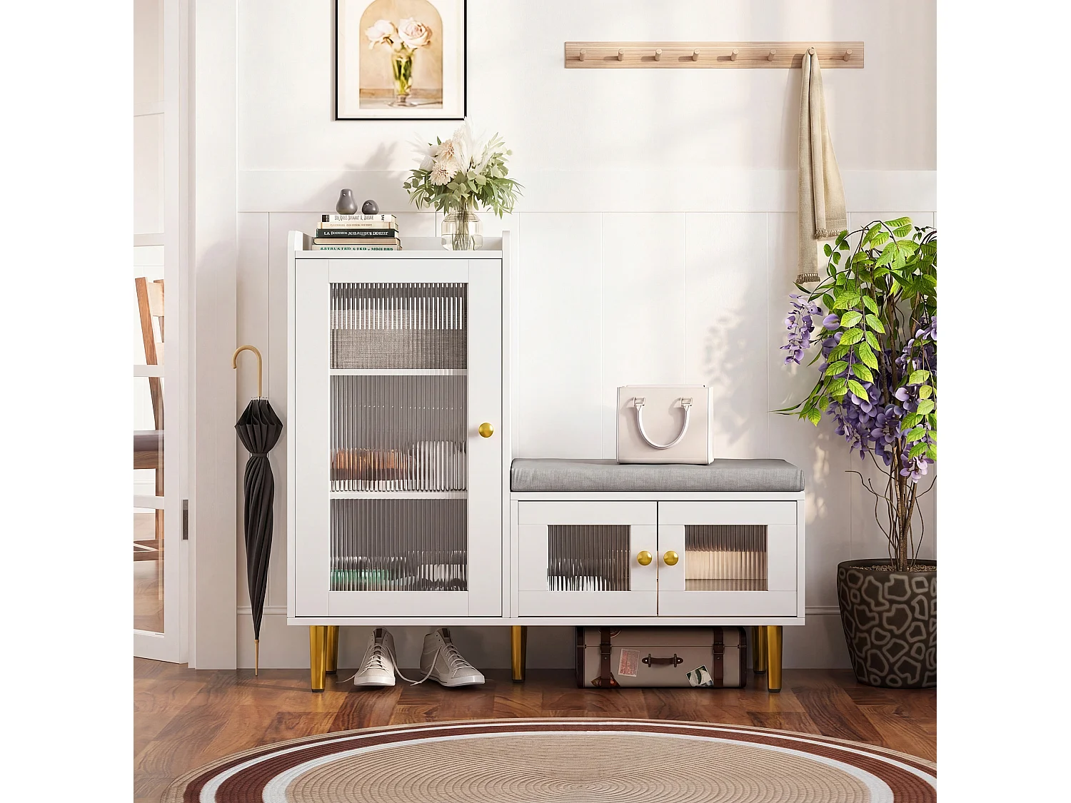 Porte-Chaussures Avec Banc, 3 Tablettes Réglables, 2 Portes Vitrées, Poignées Et Socle Métalliques, Blanc, 100x35x69,5Cm, Pour Entrée Et Salon