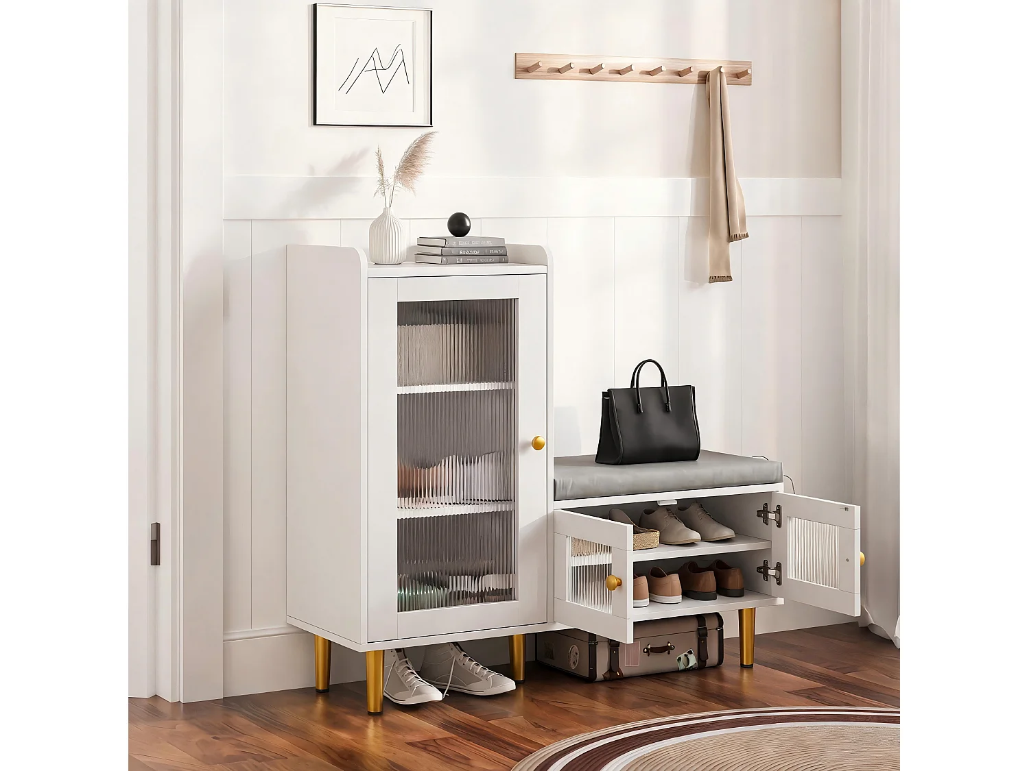 Porte-Chaussures Avec Banc, 3 Tablettes Réglables, 2 Portes Vitrées, Poignées Et Socle Métalliques, Blanc, 100x35x69,5Cm, Pour Entrée Et Salon