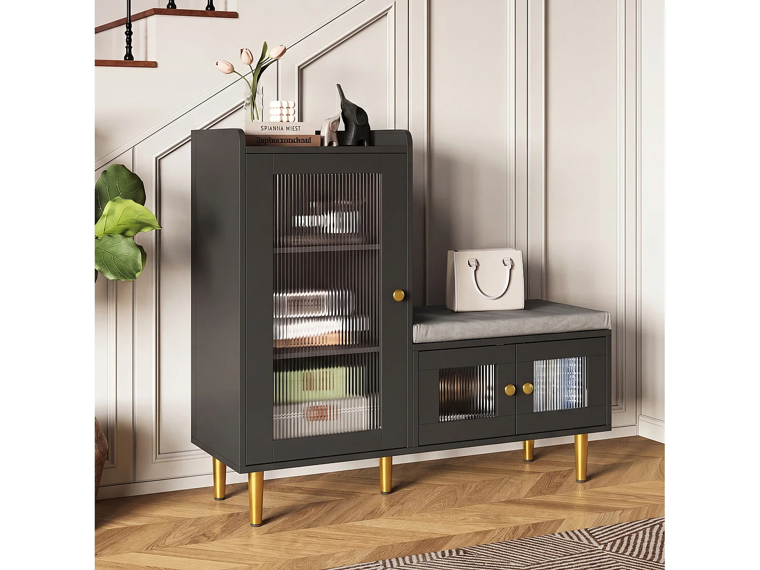 Porte-Chaussures Avec Banc, 3 Tablettes Réglables, 2 Portes Vitrées, Poignées Et Socle Métalliques, 100x35x69,5Cm, Noir, Pour Entrée