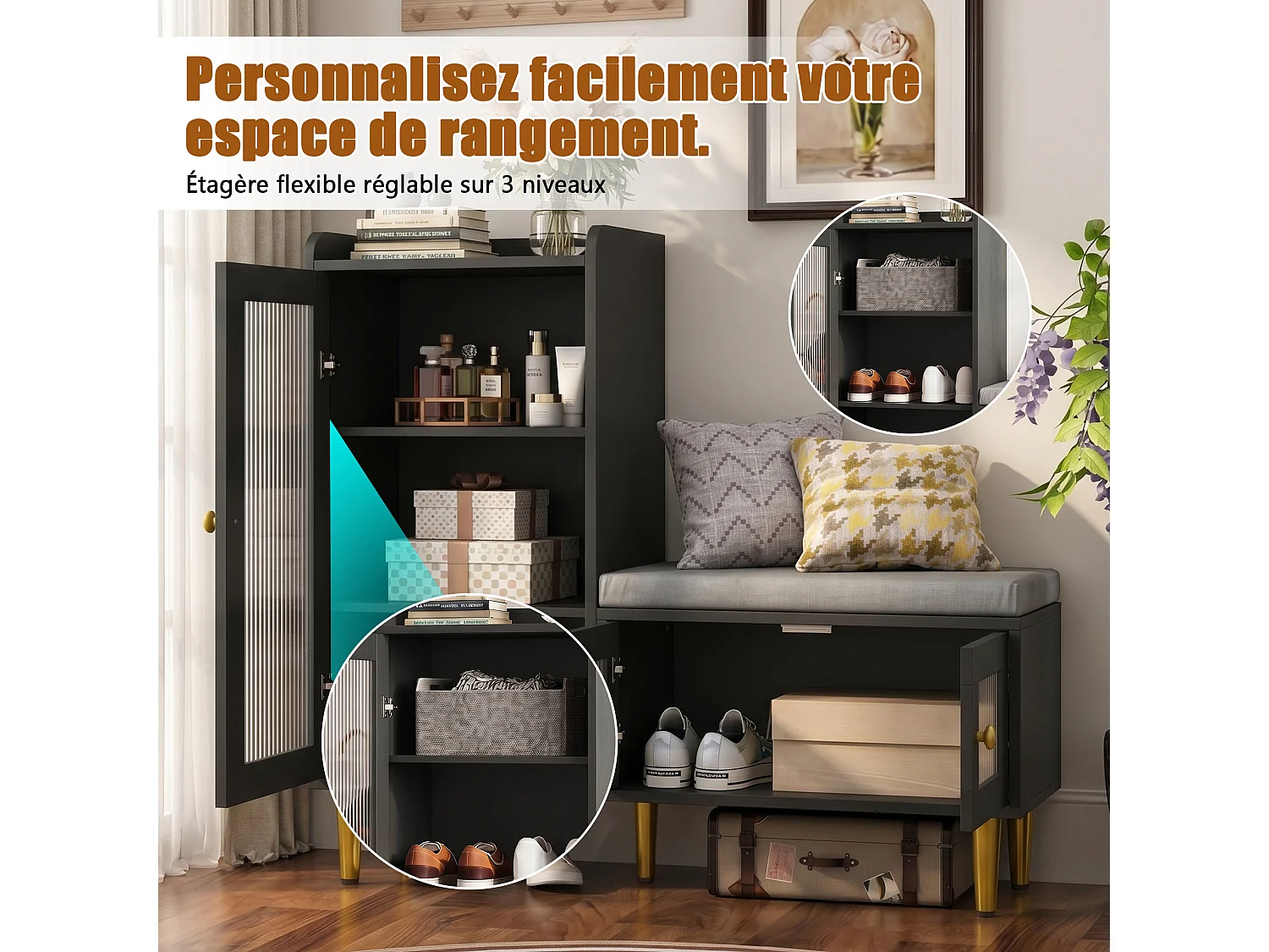 Porte-Chaussures Avec Banc, 3 Tablettes Réglables, 2 Portes Vitrées, Poignées Et Socle Métalliques, 100x35x69,5Cm, Noir, Pour Entrée