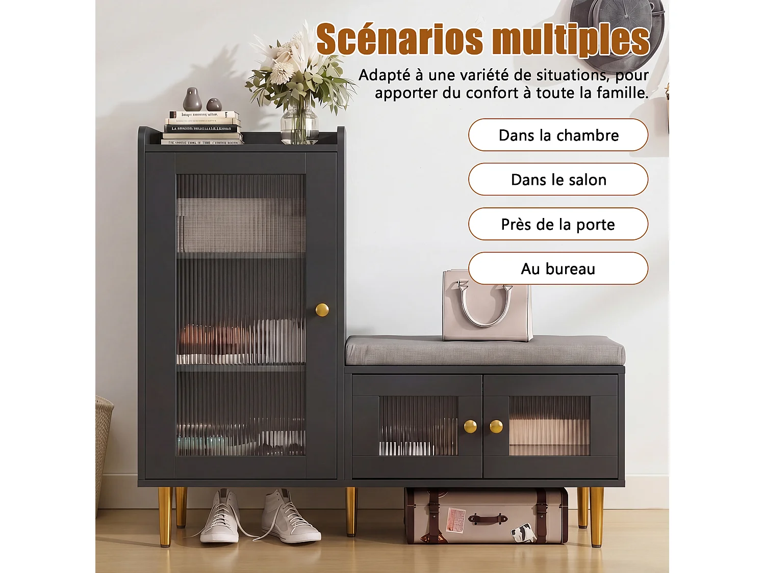 Porte-Chaussures Avec Banc, 3 Tablettes Réglables, 2 Portes Vitrées, Poignées Et Socle Métalliques, 100x35x69,5Cm, Noir, Pour Entrée