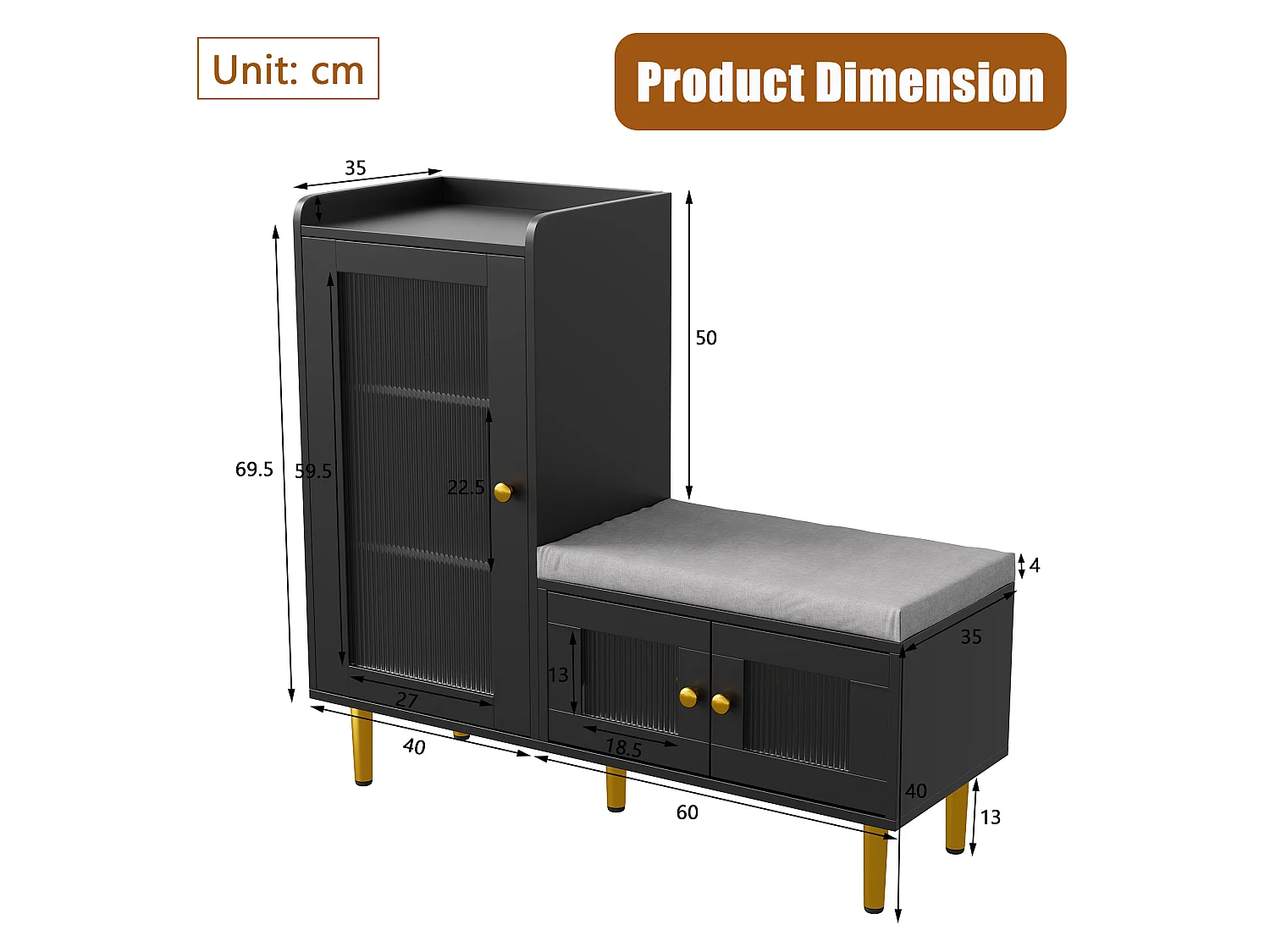 Porte-Chaussures Avec Banc, 3 Tablettes Réglables, 2 Portes Vitrées, Poignées Et Socle Métalliques, 100x35x69,5Cm, Noir, Pour Entrée