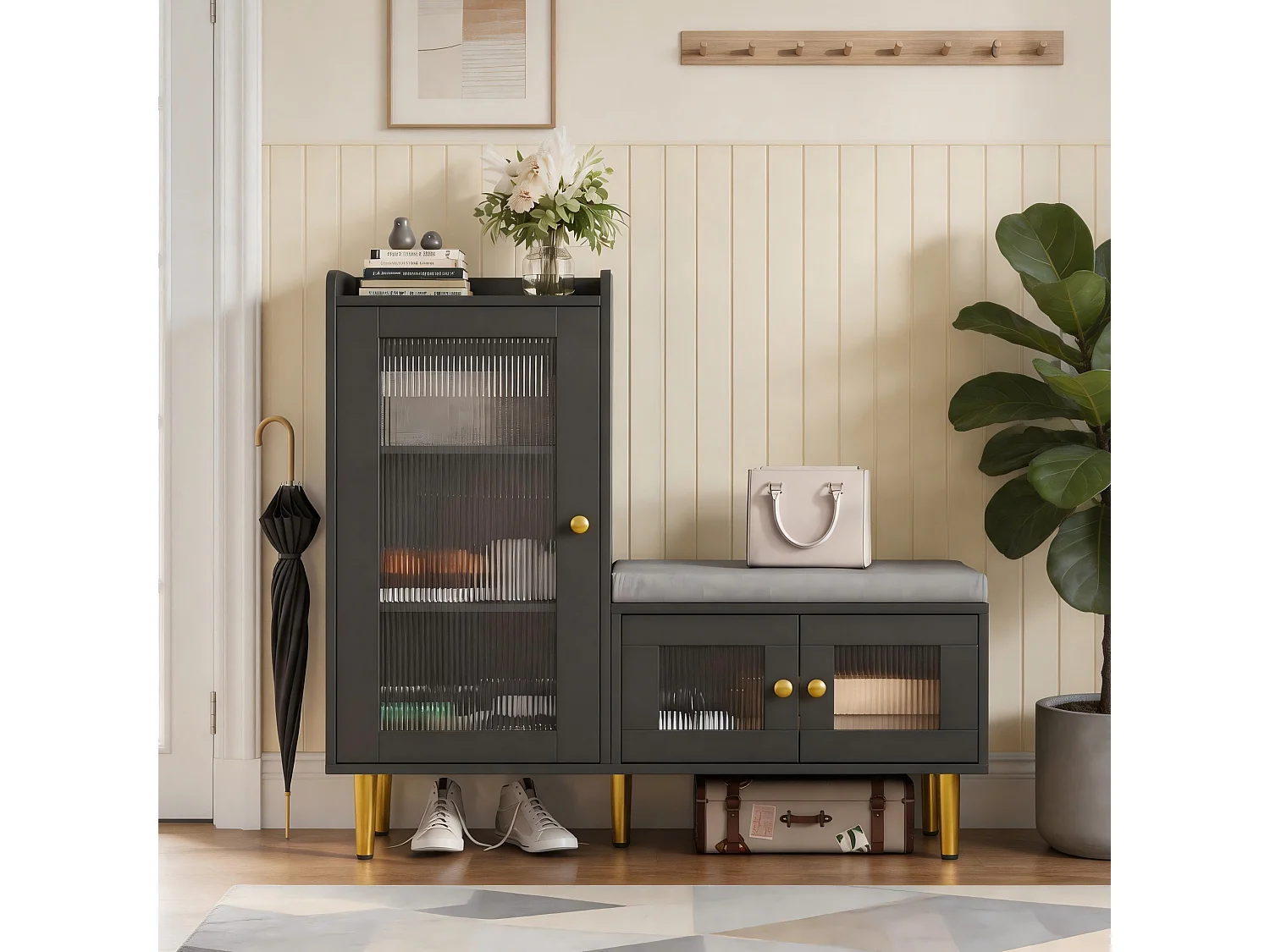 Porte-Chaussures Avec Banc, 3 Tablettes Réglables, 2 Portes Vitrées, Poignées Et Socle Métalliques, 100x35x69,5Cm, Noir, Pour Entrée