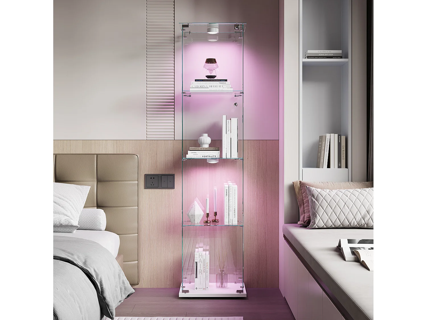 Vitrine en verre blanc, meuble à une porte avec éclairage LED, 4 étagères, idéale pour le bureau, une collection de vins ou le salon, 39,8 x 35 x 163 cm