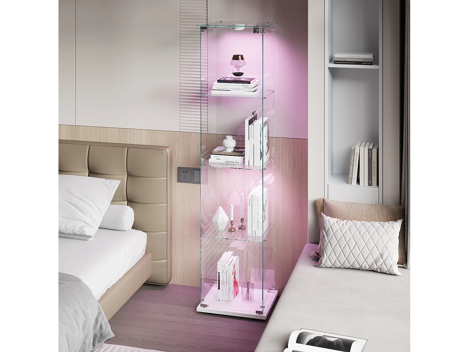 Vitrine en verre blanc, meuble à une porte avec éclairage LED, 4 étagères, idéale pour le bureau, une collection de vins ou le salon, 39,8 x 35 x 163 cm