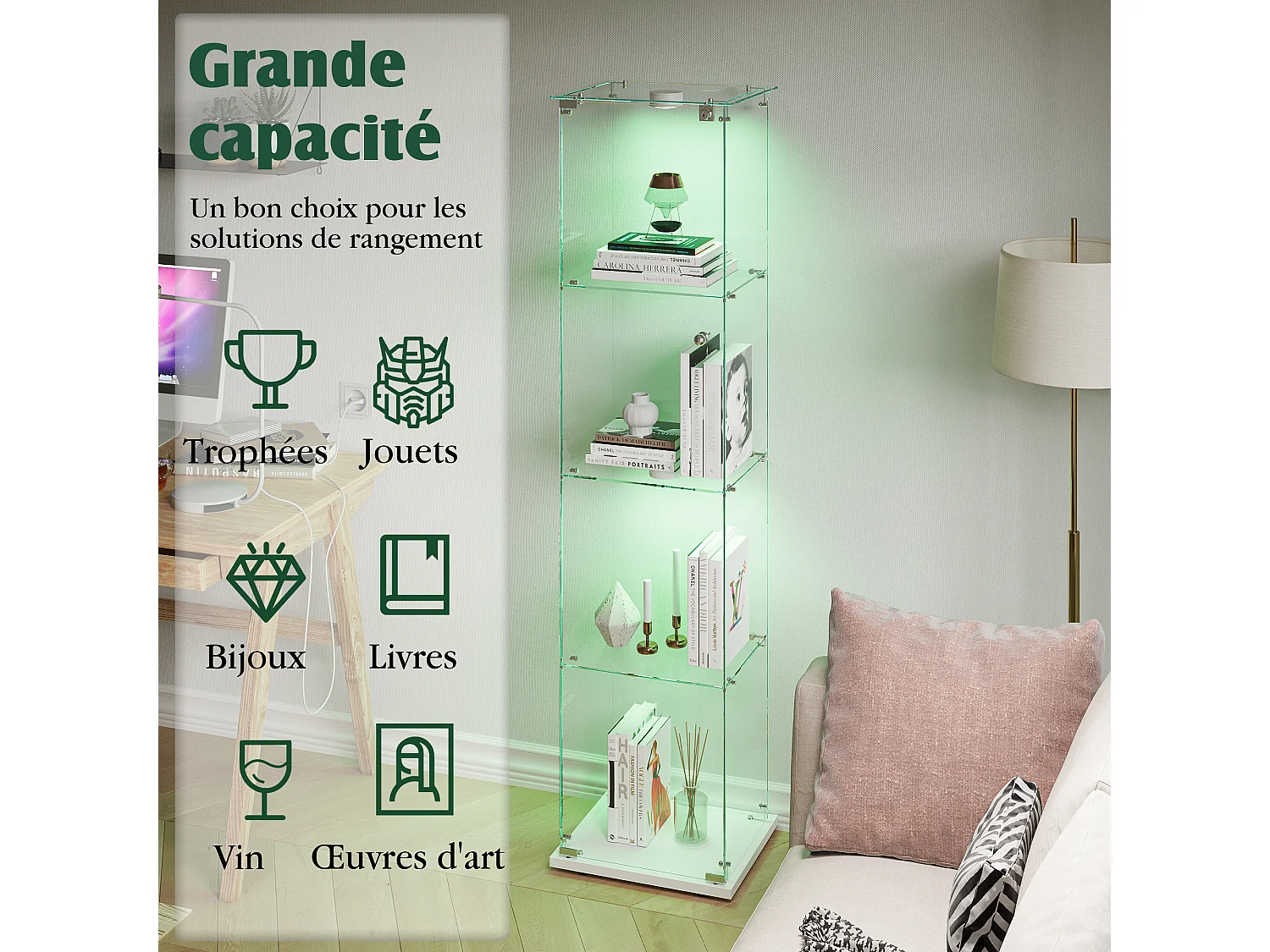 Vitrine en verre blanc, meuble à une porte avec éclairage LED, 4 étagères, idéale pour le bureau, une collection de vins ou le salon, 39,8 x 35 x 163 cm