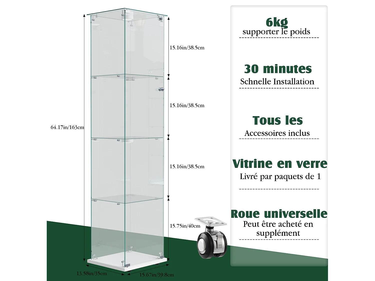 Vitrine en verre blanc, meuble à une porte avec éclairage LED, 4 étagères, idéale pour le bureau, une collection de vins ou le salon, 39,8 x 35 x 163 cm