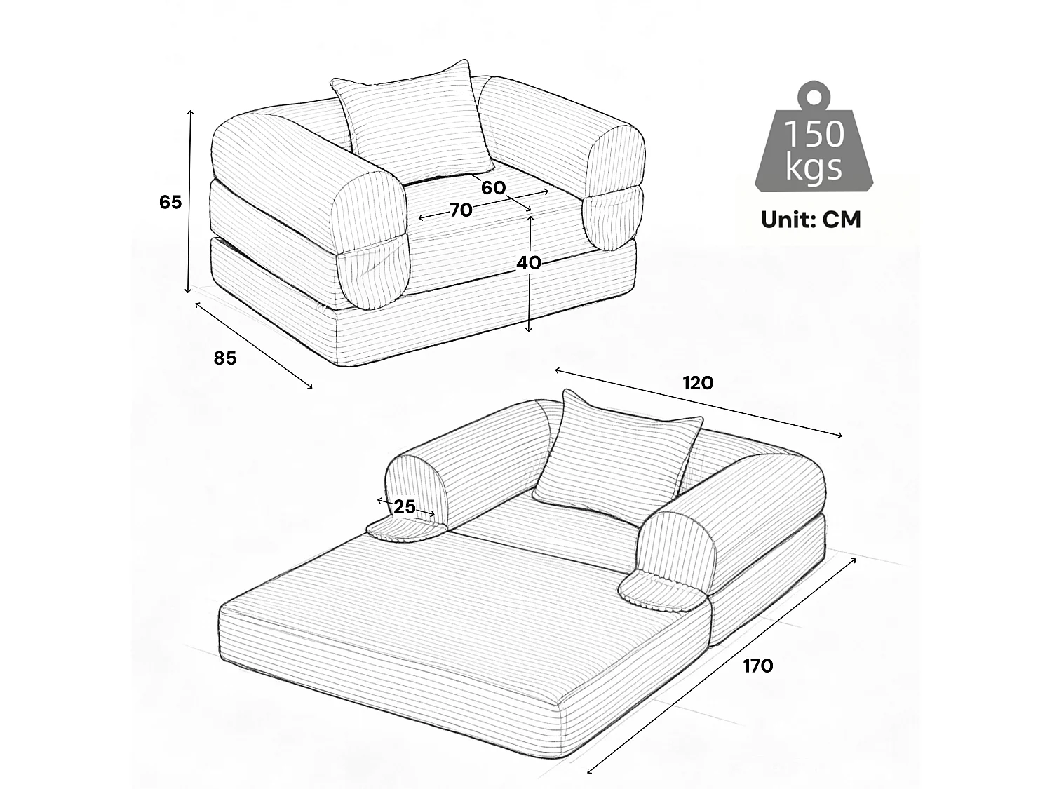 Chauffeuse Convertible et Modulable Kaleido 1 Place | Fauteuil Solo en Velours Côtelé et Mousse Haute Densité | Idéal Petit Espace, Salon et Bureau